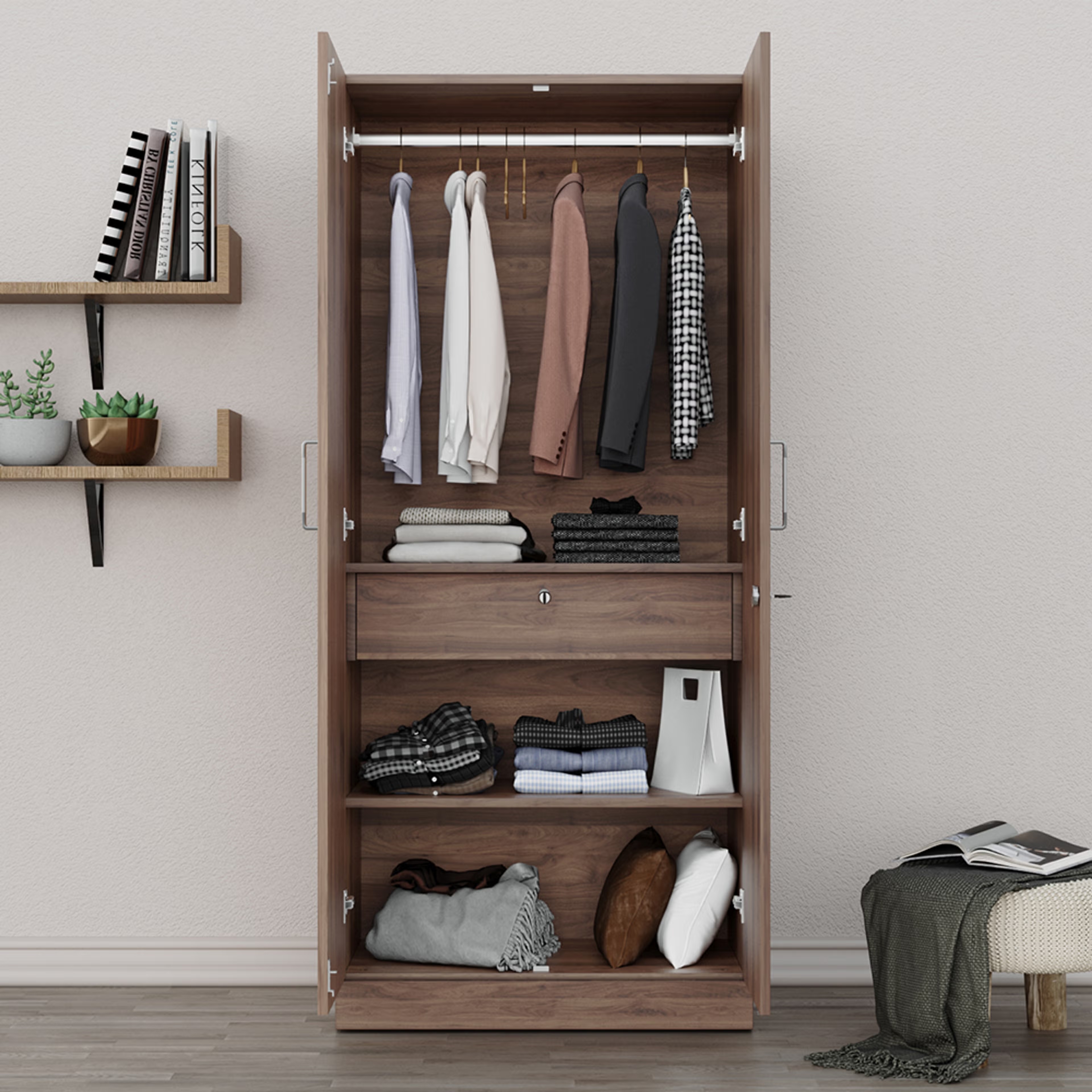 Gingham 2 Door Wardrobe with Drawer and 1 Hanging Space | Without Mirror & Loft | (columbia Walnut) 2 Door, With Drawer, Without Mirror, Without Loft, 1 Hanging Area, Columbia Walnut