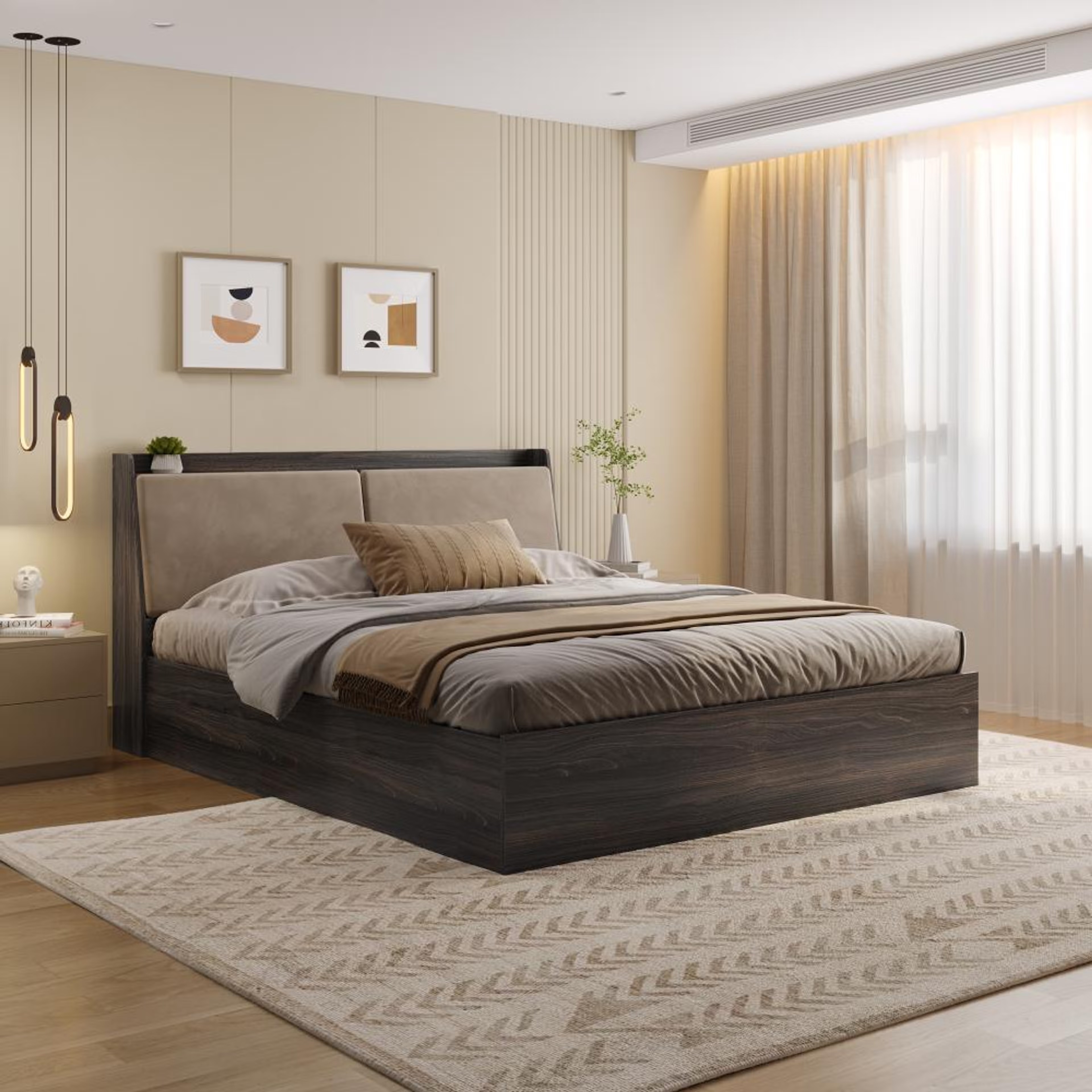 Wakefit Mars Upholstered Headboard storage Bed Wyoming maple - King Size - Velvet tuscan tan King - 78" x 72\
