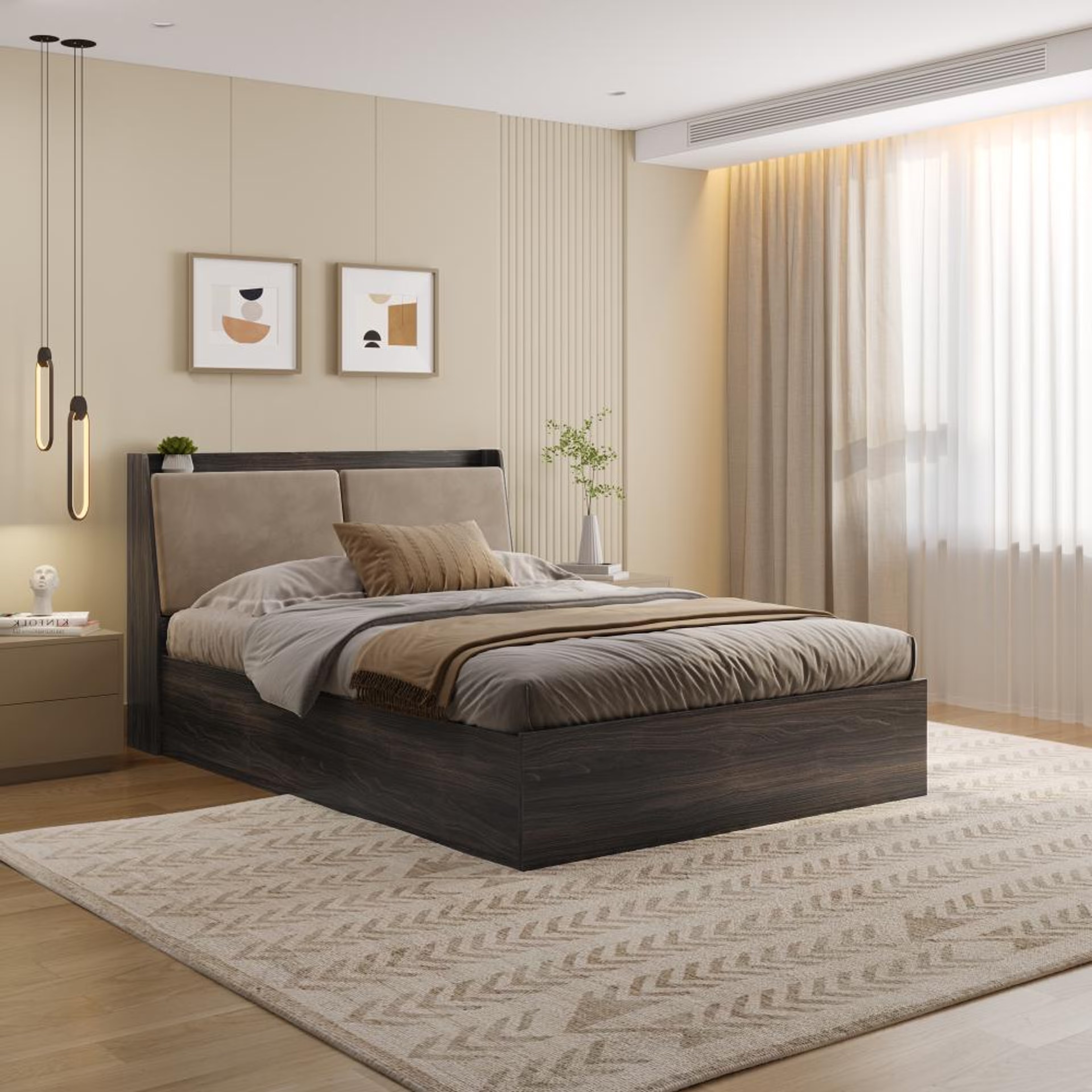 Home 41 Wakefit Mars Upholstered Headboard storage Bed Wyoming maple - Queen Size - Velvet tuscan tan Queen - 78" x 60\