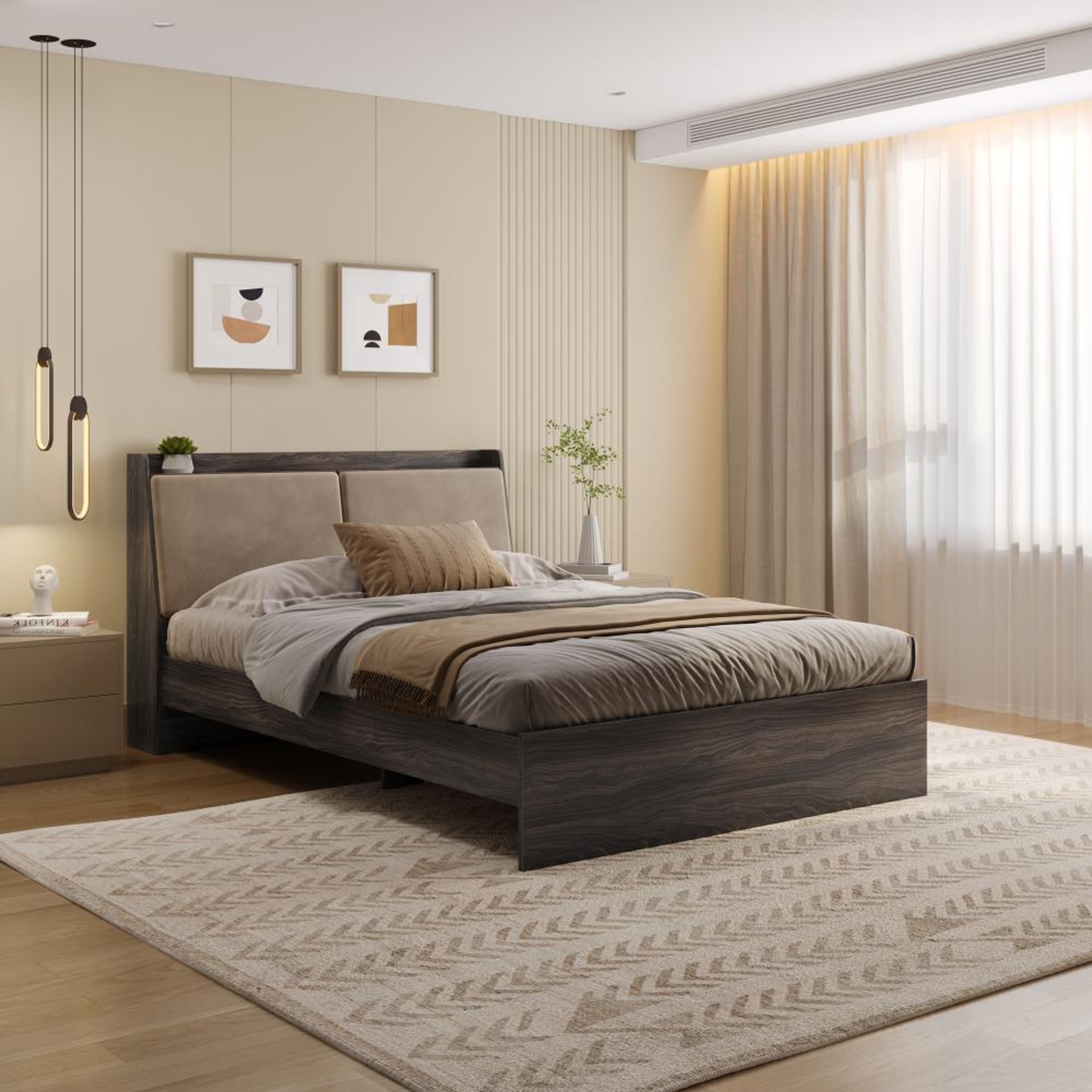 Wakefit Mars Upholstered Headboard Non-storage Bed Wyoming maple - Queen Size - Velvet tuscan tan Queen - 78" x 60\