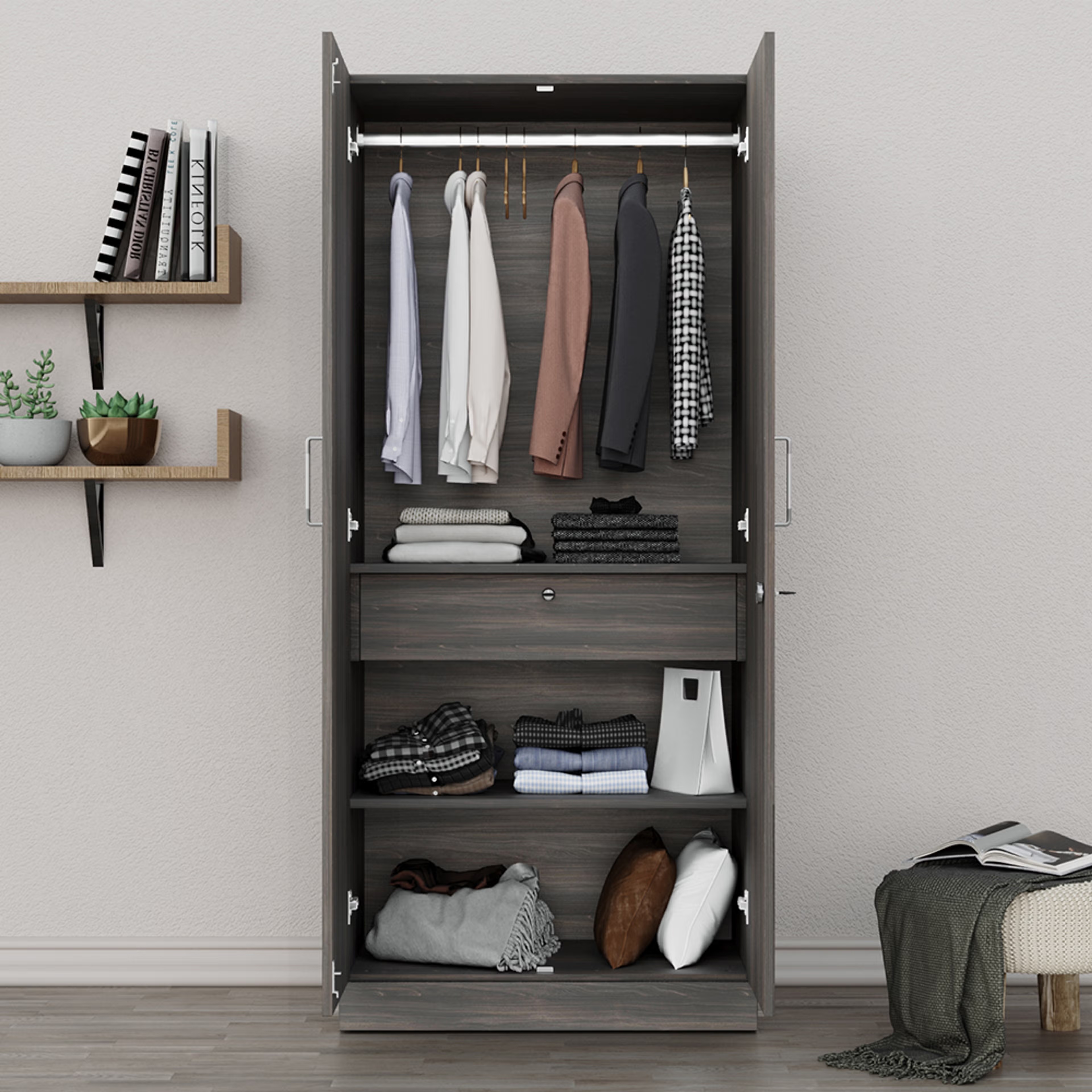 Gingham 2 Door Wardrobe with Drawer and 1 Hanging Space | Without Mirror & Loft | (Dark Brown) 2 Door, With Drawer, Without Mirror, Without Loft, 1 Hanging Area, Dark Brown