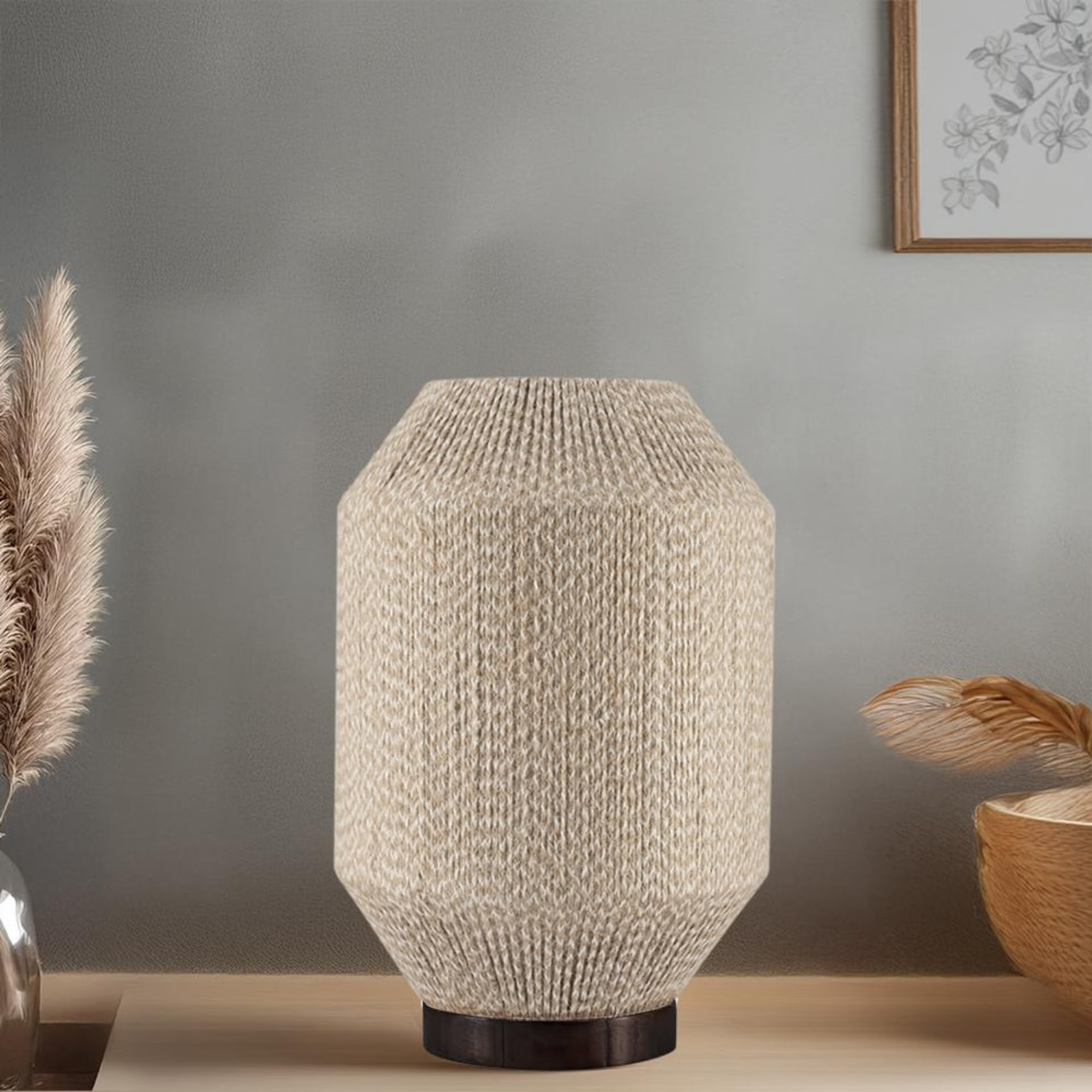 Solace Flame Wood Table Lamp Brown Wood & Yarn, Brown