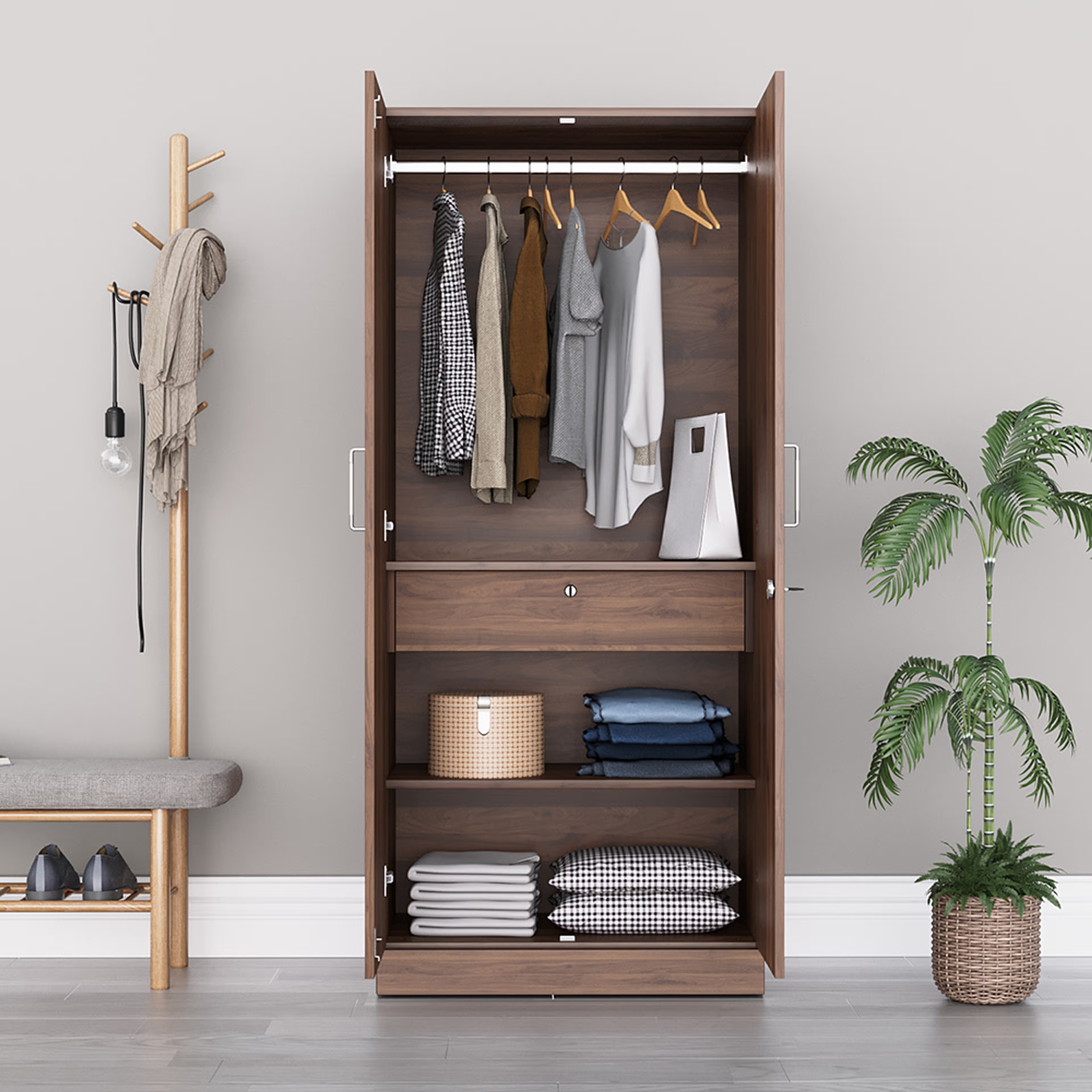 Gingham 2 Door Wardrobe with Drawer, Mirror Wall Anchored | Without Loft | (Columbia Walnut) 2 Door, With Drawer, With Mirror, Without Loft, 1 Hanging Area, Columbia Walnut
