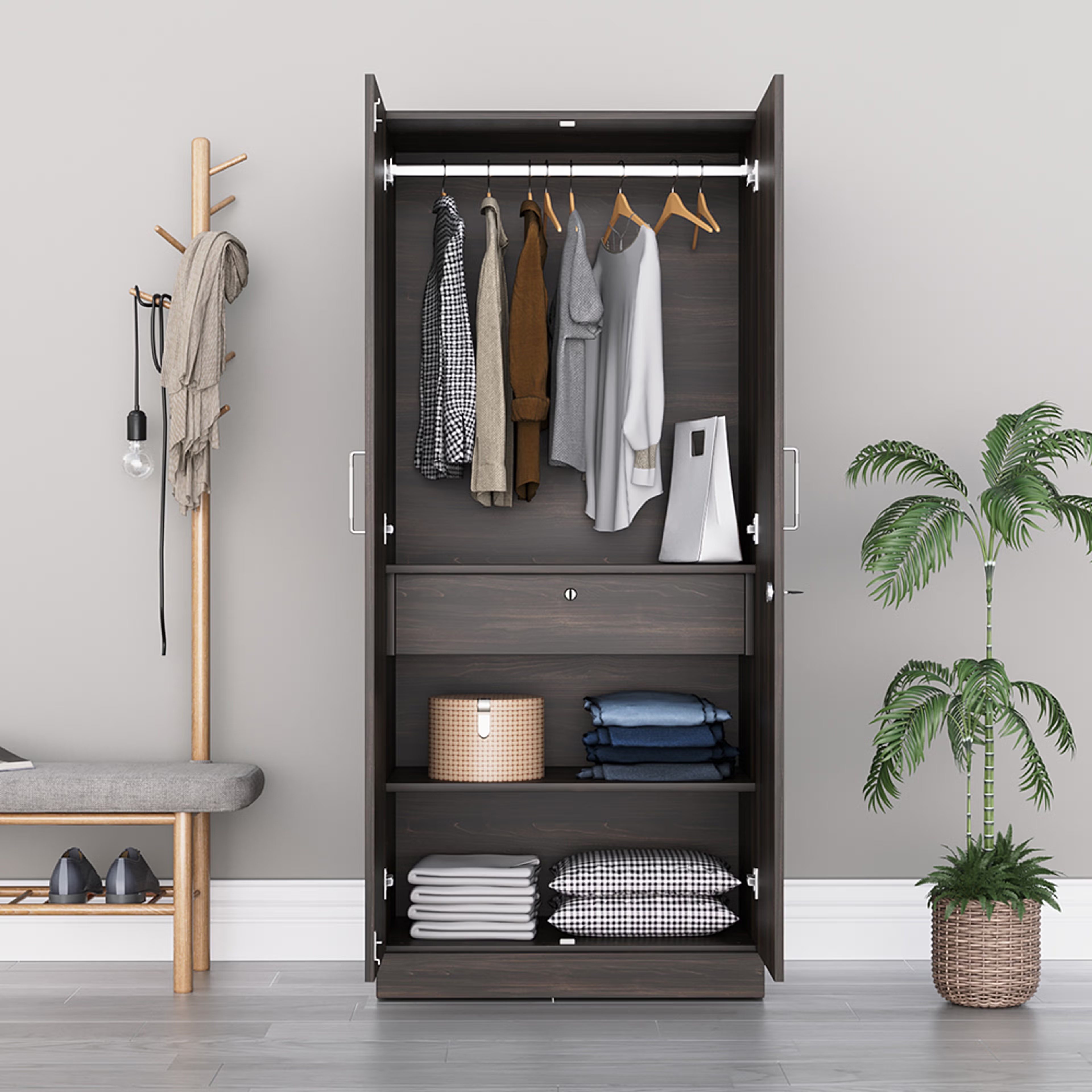 Home 31 Gingham 2 Door Wardrobe with Drawer, Mirror Wall Anchored | Without Loft | (Dark Brown) 2 Door, With Drawer, With Mirror, Without Loft, 1 Hanging Area, Dark Brown