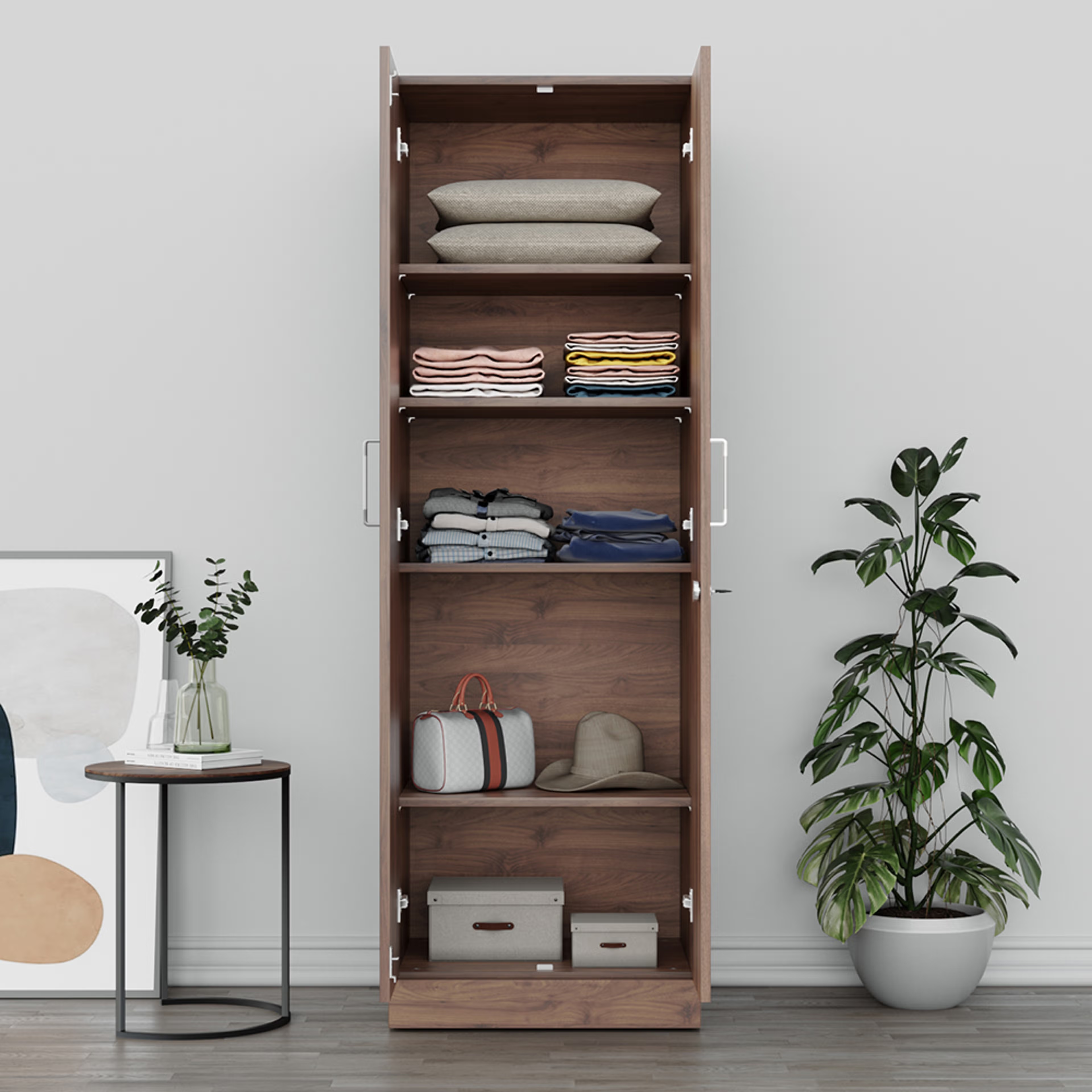 Twill 2 Door Compact Wardrobe Wall Anchored | Without Drawer & Mirror | No Hanging Area | (Columbia Walnut) 2 Door, Without Drawer, Without Mirror, No Hanging Area, Columbia Walnut
