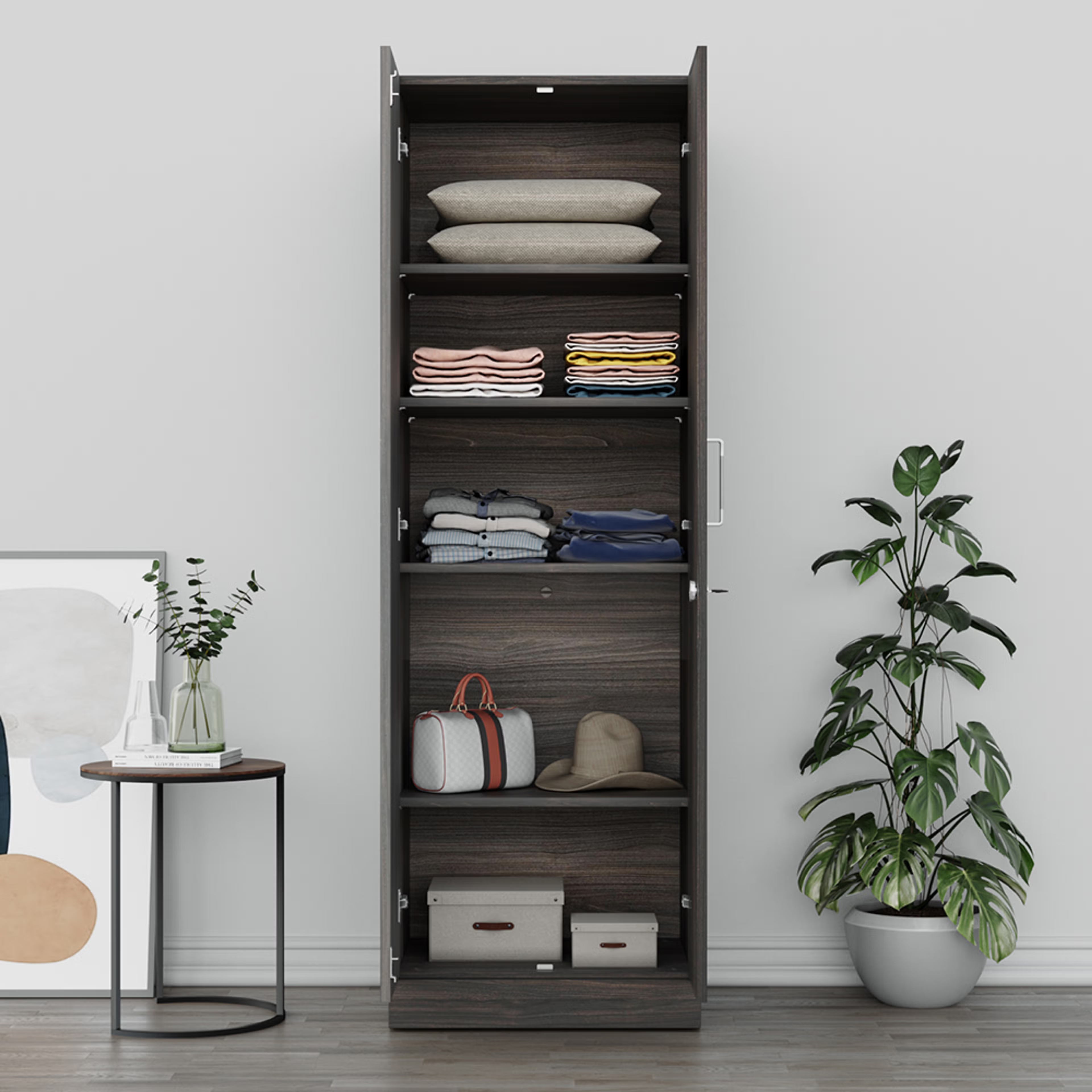 Twill 2 Door Compact Wardrobe Wall Anchored | Without Drawer & Mirror | No Hanging Area | (Dark Brown) 2 Door, Without Drawer, Without Mirror, No Hanging Area, Dark Brown
