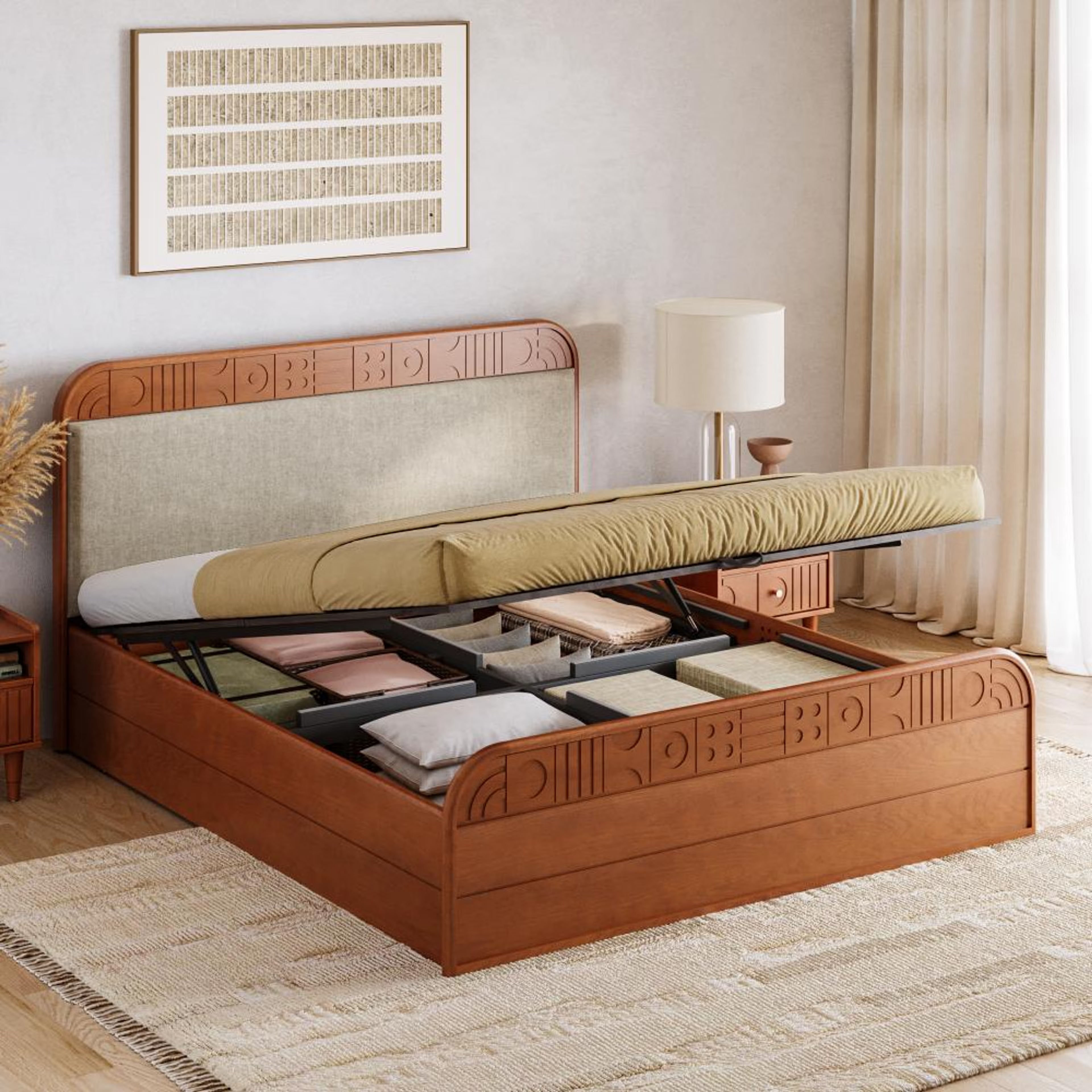 Wakefit Lunarix King Hydraulic Storage with Upholstery Solid Wood Bed King - 78" x 72\