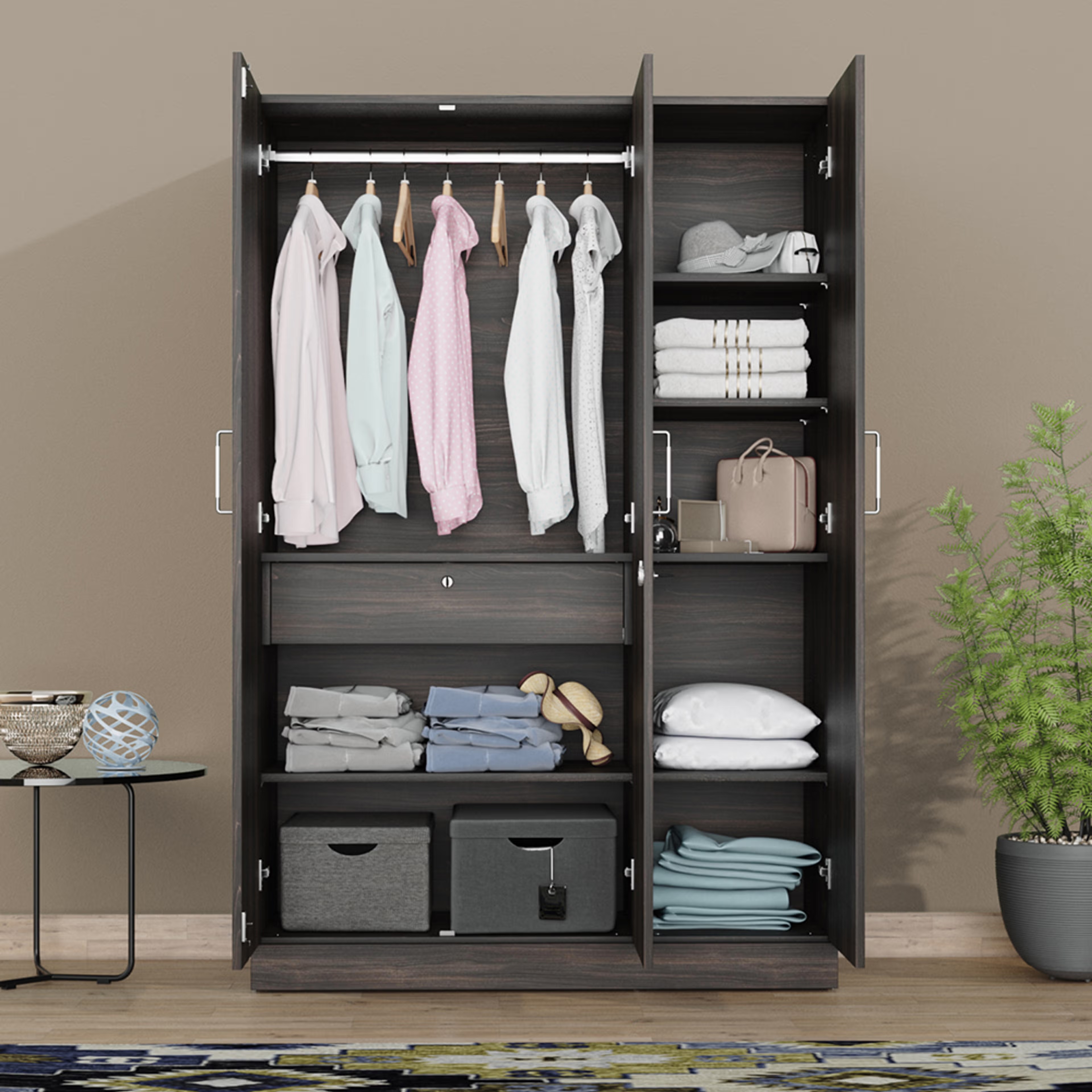 Home 39 Gingham 3 Door Wardrobe with Drawer and 1 Hanging Space | Without Mirror & Loft | (Dark Brown) 3 Door, With Drawer, Without Mirror, Without Loft, 1 Hanging Area, Dark Brown