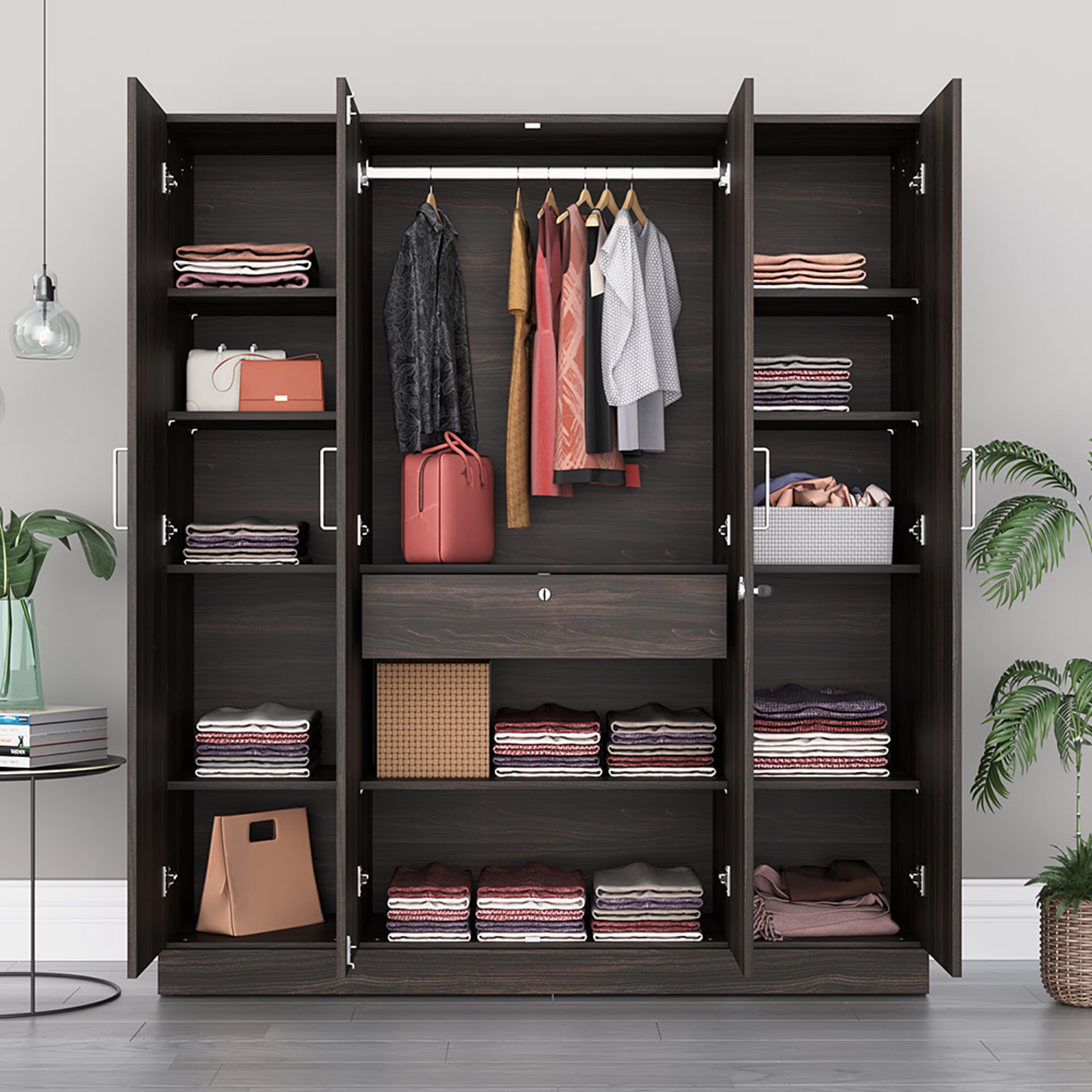 Gingham 4 Door Wardrobe with Drawer and 1 Hanging Space | Without Mirror & Loft | (Dark Brown) 4 Door, With Drawer, Without Mirror, Without Loft, 1 Hanging Area, Dark Brown