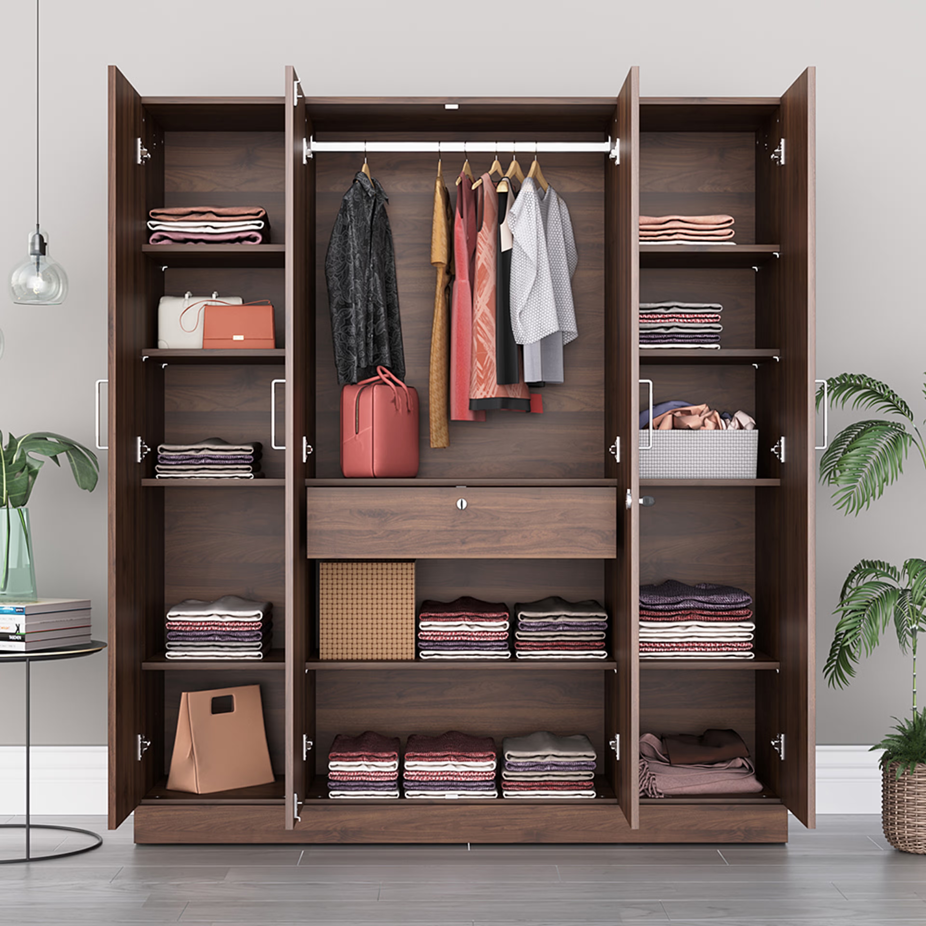 Home 45 Gingham 4 Door Wardrobe with Drawer, Mirror and 1 Hanging Space | Without Loft | (Columbia Walnut) 4 Door, With Drawer, With Mirror, Without Loft, 1 Hanging Area, Columbia Walnut