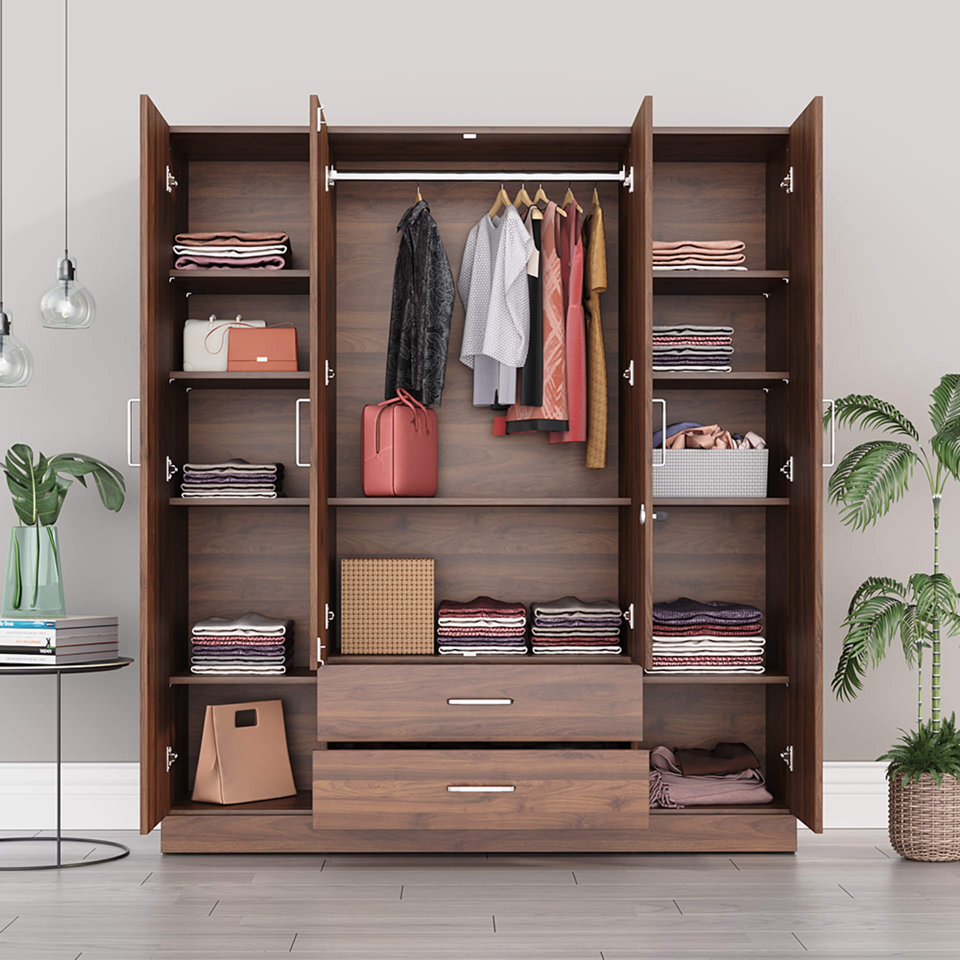 Organza Plus 4 Door Wardrobe with Drawer and 1 Hanging Space | Without Mirror | (Columbia Walnut) 4 Door, With Drawer, Without Mirror, 1 Hanging Area, Columbia Walnut