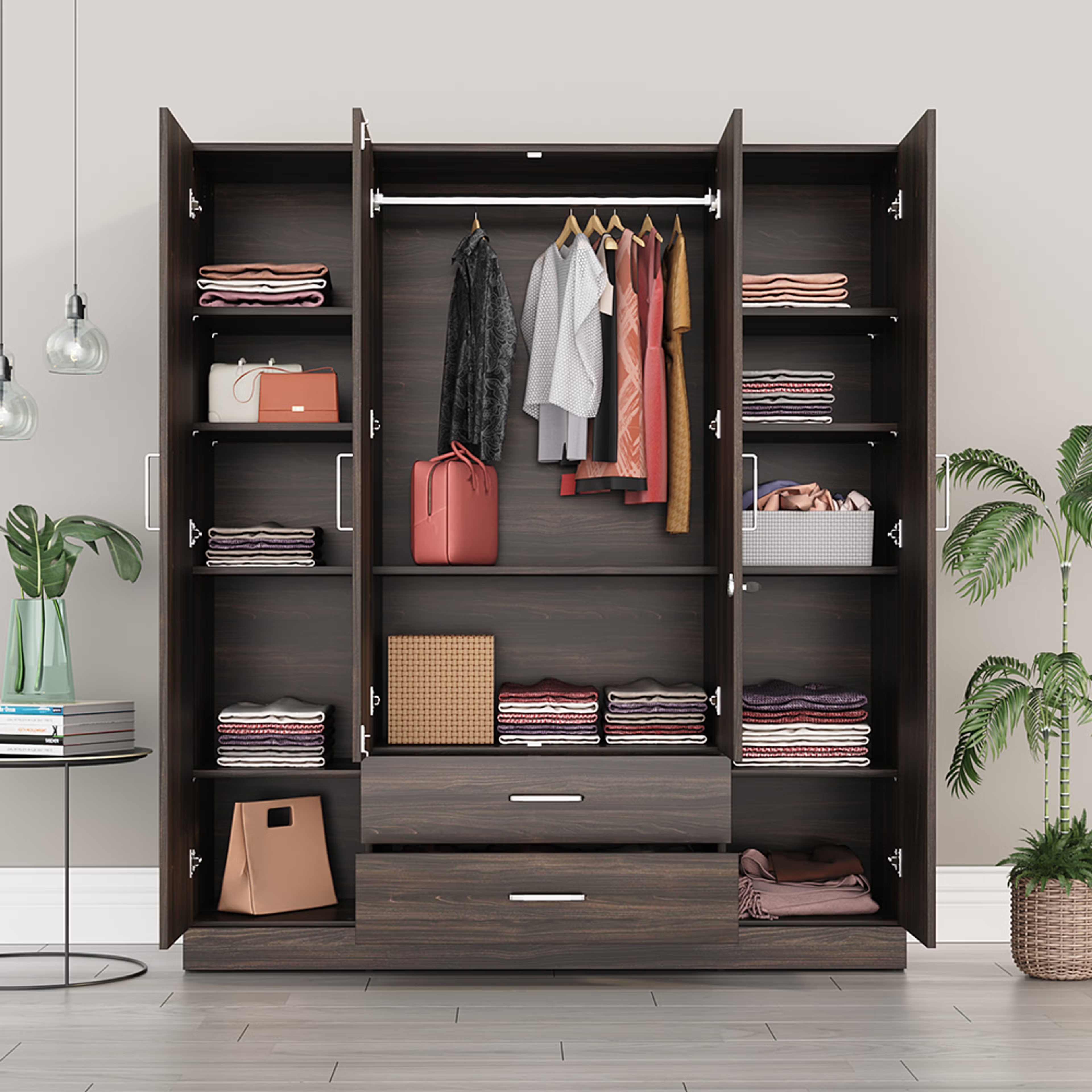 Organza Plus 4 Door Wardrobe with Drawer and 1 Hanging Space | Without Mirror | (Dark Brown) 4 Door, With Drawer, Without Mirror, 1 Hanging Area, Dark Brown