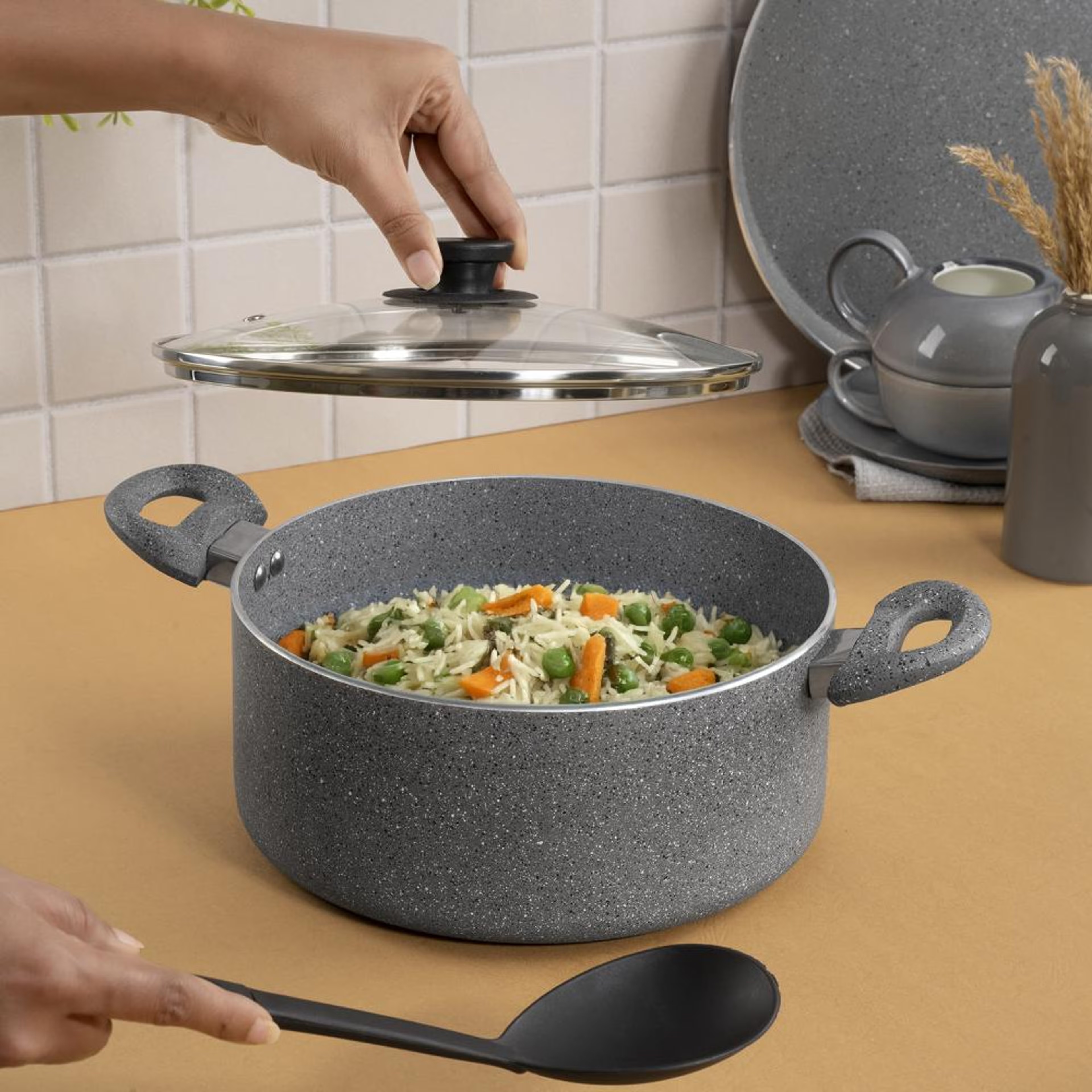 Advanced 5 layer Non-Stick Biryani Pot with Glass Lid | Stock Pot/Handi/Cook & Serve | 25 cm | 3 mm thick | PFOA & PTFE | Gas & Induction Compatible | Durable & Metal Spoon Friendly | Borage | Blue Aluminium, 250MM, 3MM, Blue, Induction Base