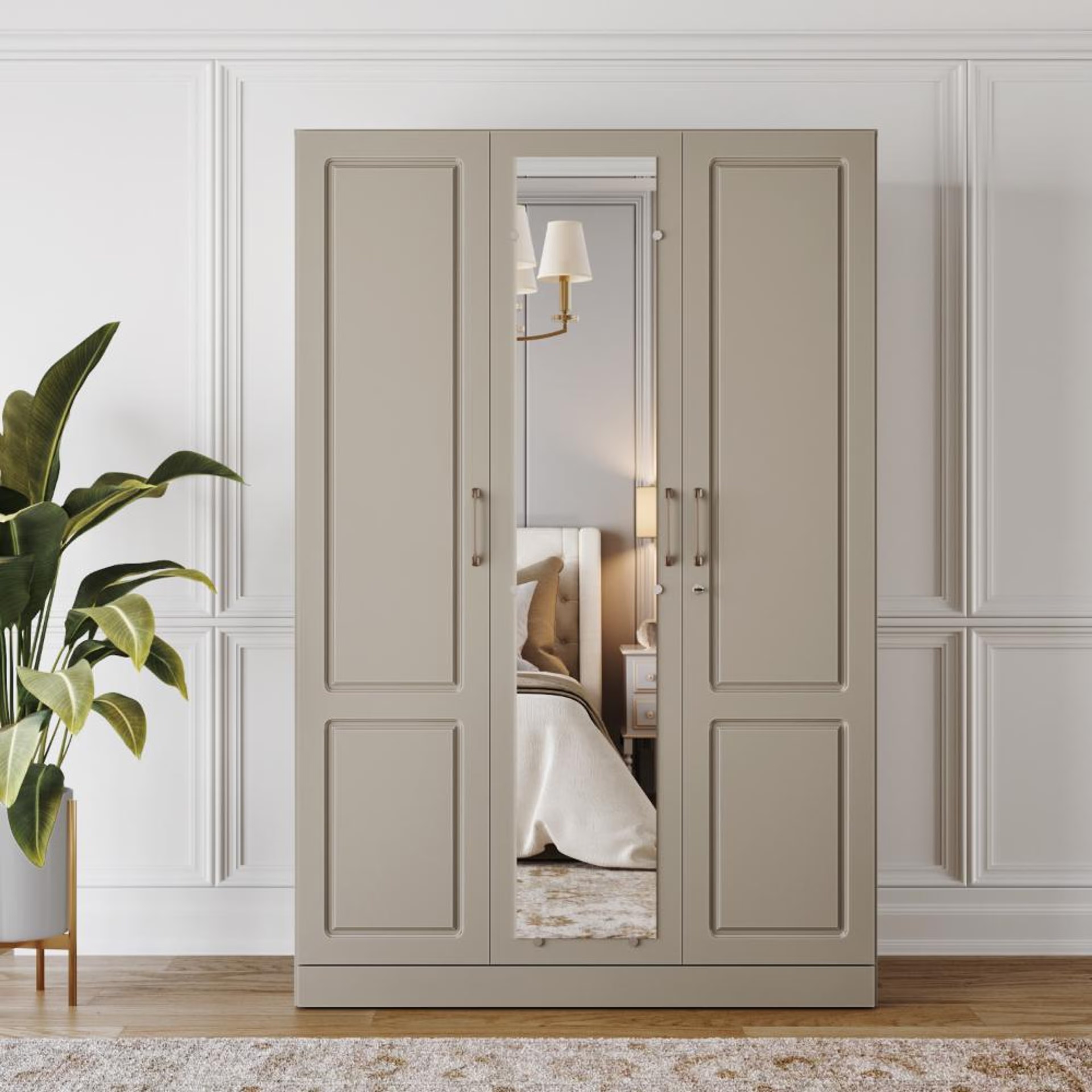 Wakefit Tyrian Plus 3 Door with 6 Shelves 1 Drawer 1 Hanging Area 1 Mirror SH1-Carcass Pumic Grey Shutter Creamy Brown 3 Door, 6 Shelves, 1 Drawer, With Mirror, 1 Hanging Area, Shutter Design 1, Pumic Grey & Creamy Brown