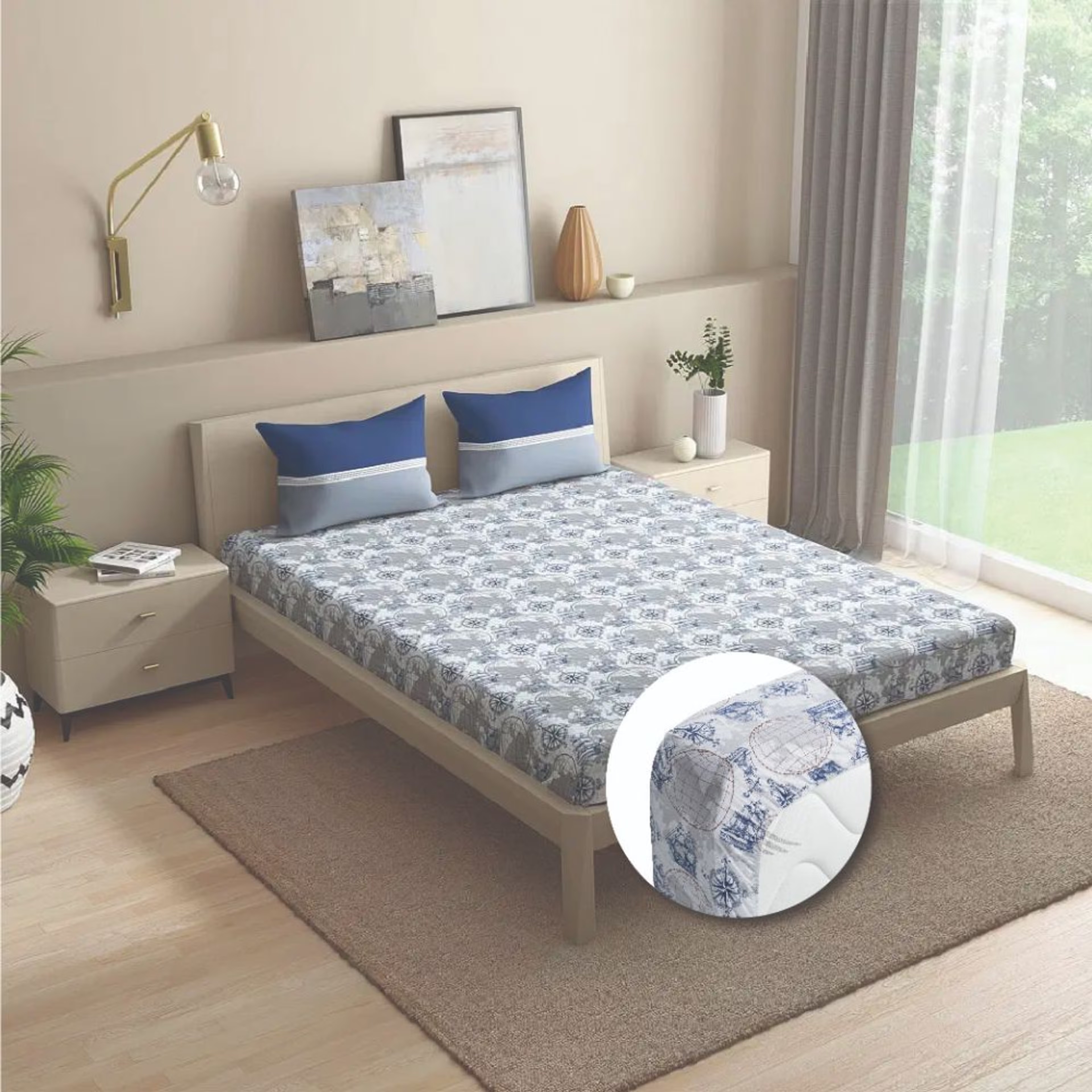 Wakefit 100% Cotton 200 TC Fitted Bedsheet With 1 Pillow Cover | Nautical Single - 72" x 36\
