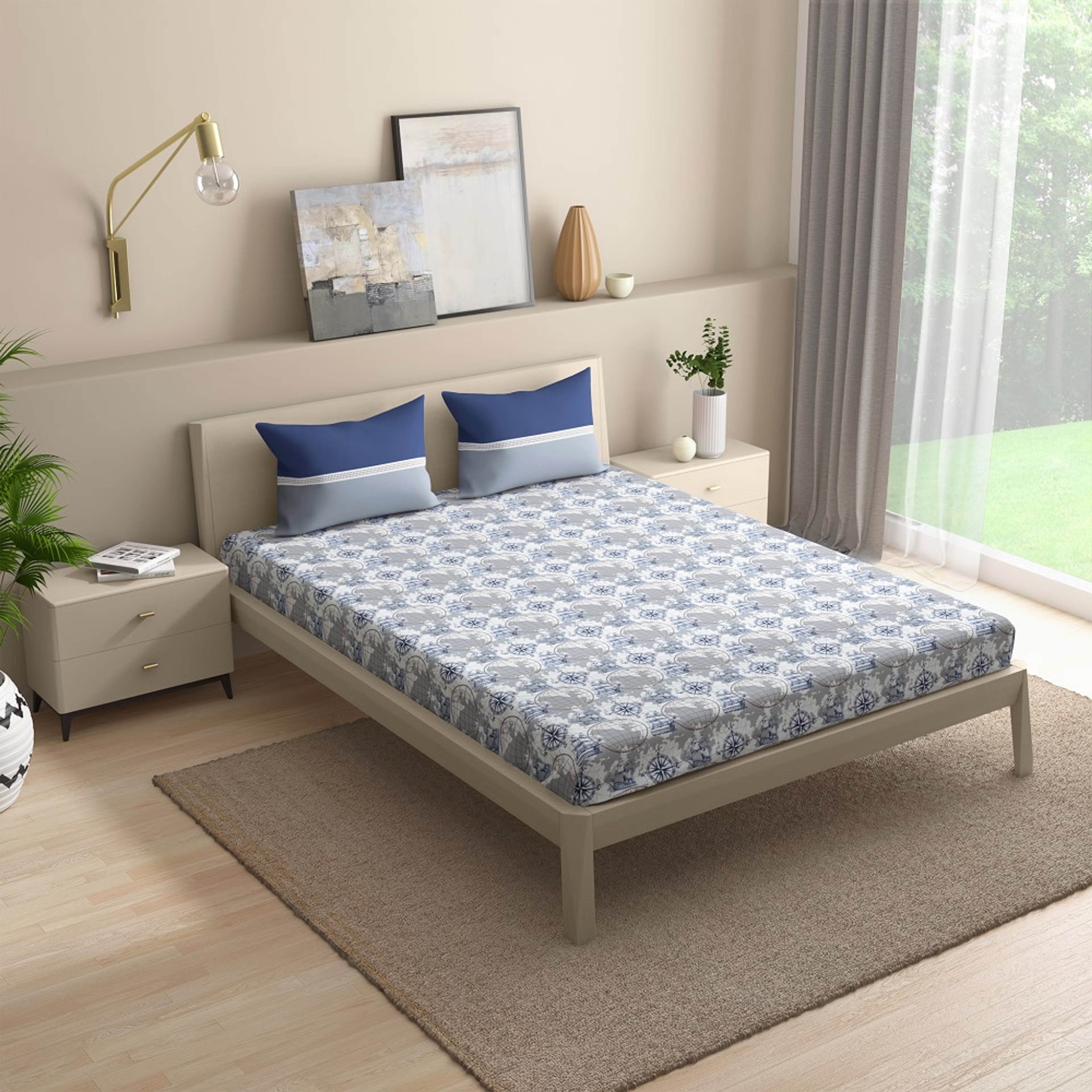 Wakefit 100% Cotton 200 TC Fitted Bedsheet With 2 Pillow Cover | Nautical King - 72" x 72\