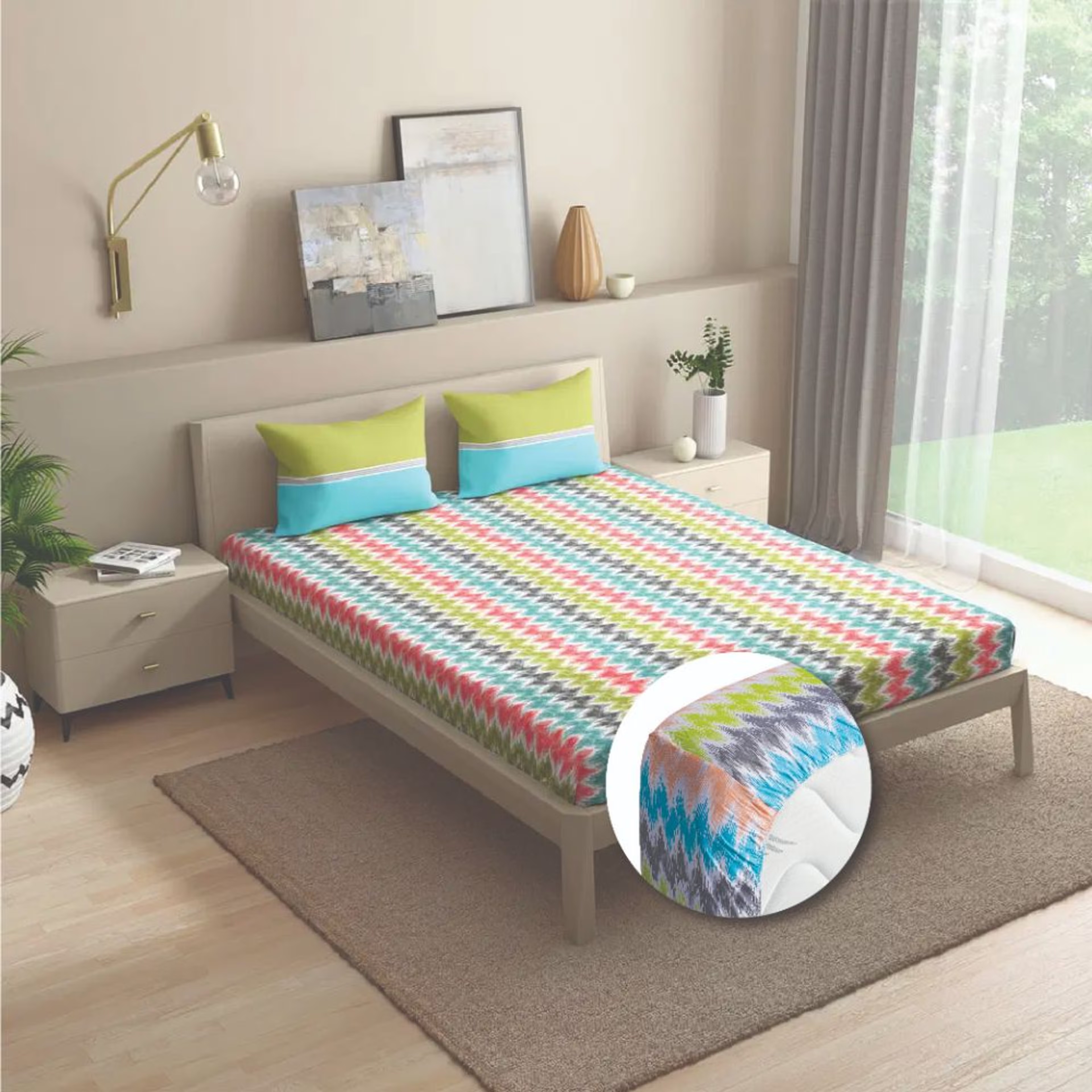 Home 45 Wakefit 100% Cotton 200 TC Fitted Bedsheet With 2 Pillow Cover | Parisa King - 75" x 72\