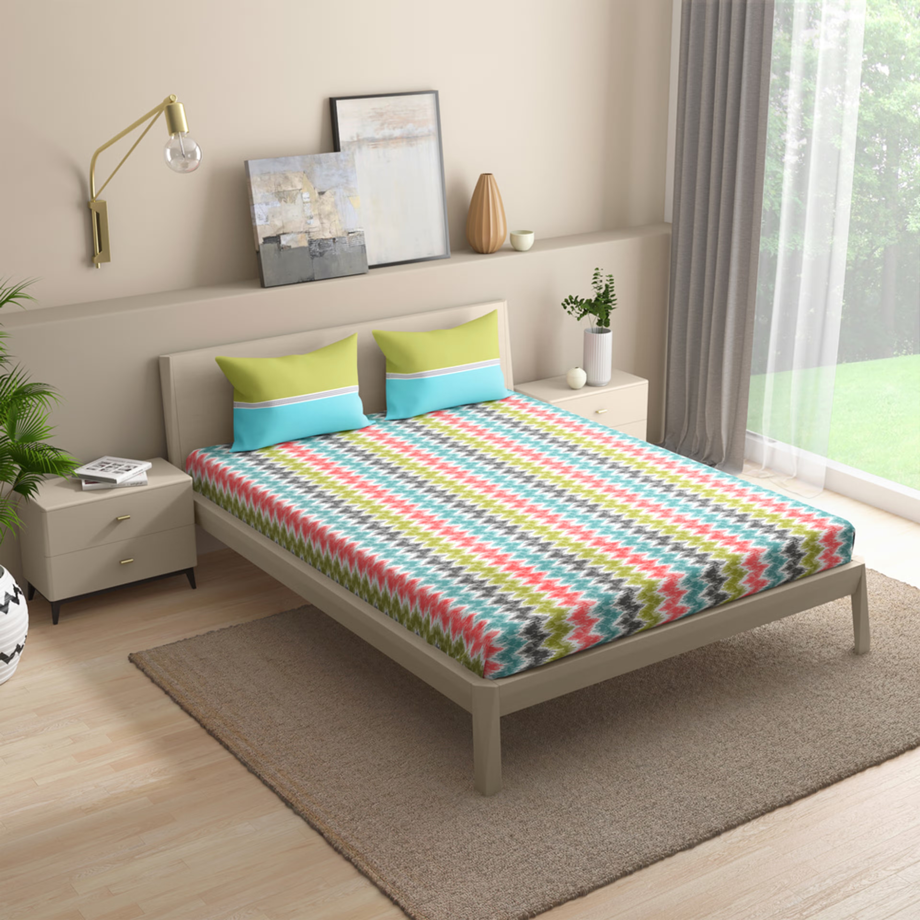 Home 46 Wakefit 100% Cotton 200 TC Fitted Bedsheet With 2 Pillow Cover | Parisa King - 75" x 72\