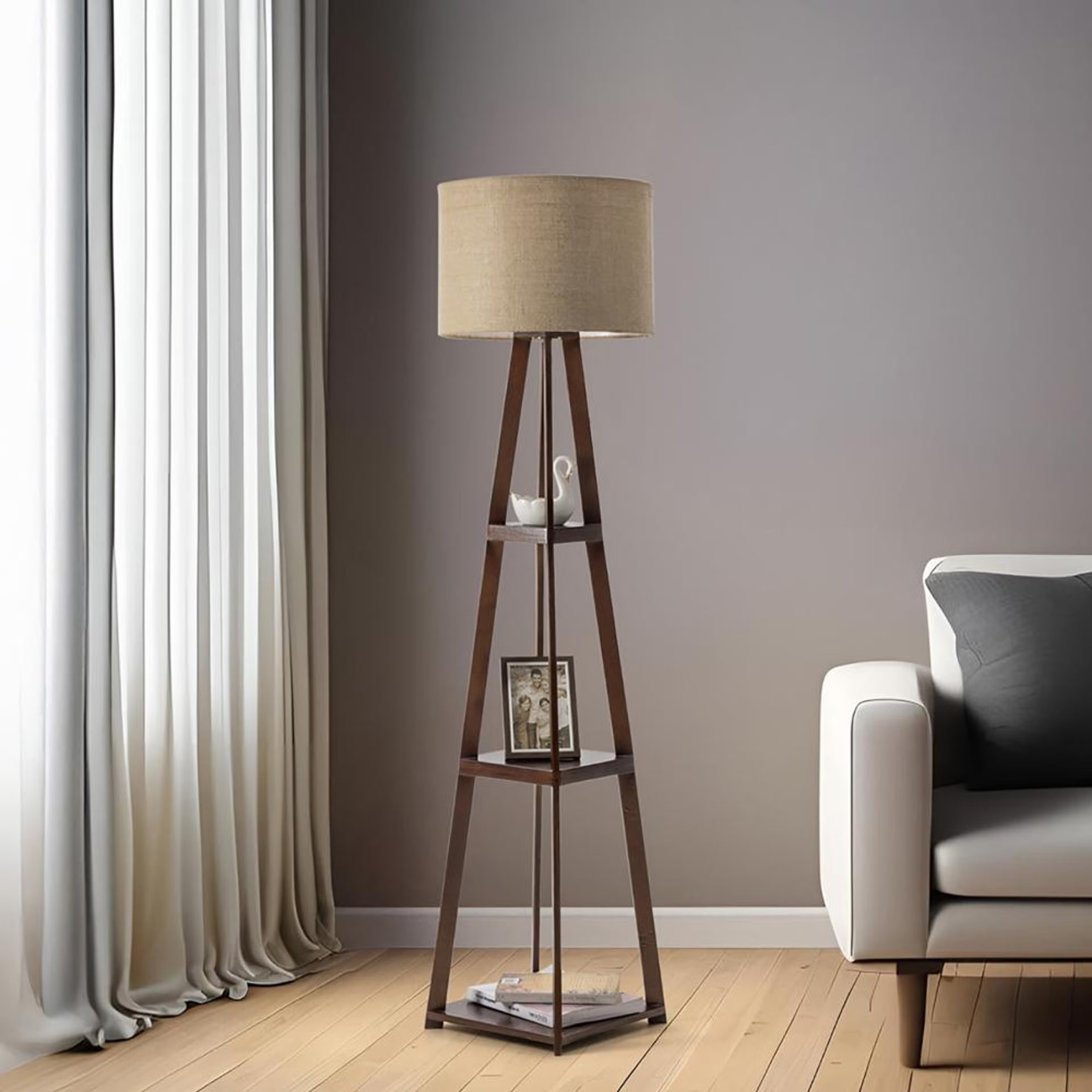 Tripod Wooden Storage Floor Lamp Wooden, 14 Inch