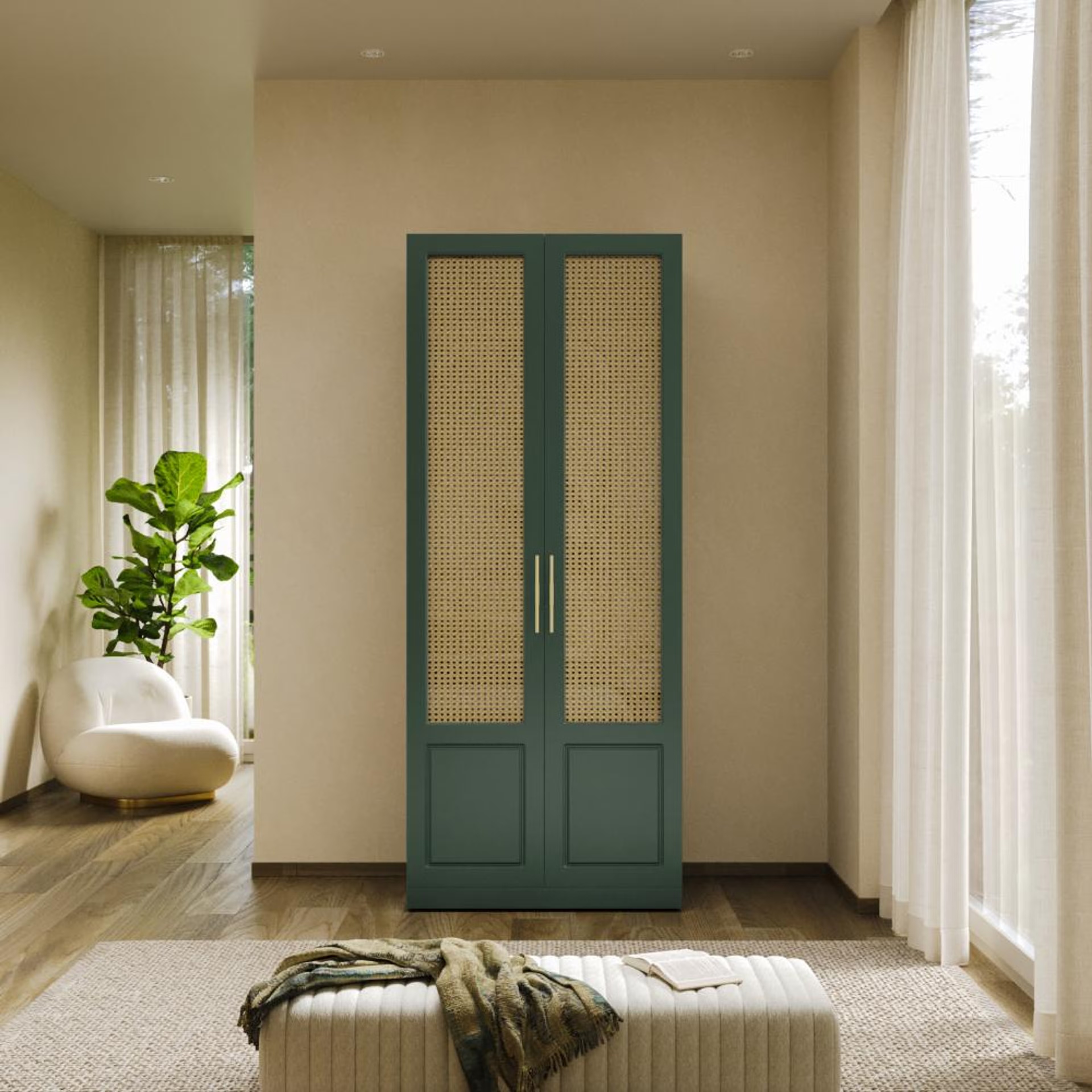 Wakefit Cersei 2 Door with 2 Shelves 1 Drawers 2 Rattan door - Carcass: Wood grain Honey Oak, Shutter: Forest Green (Foil) and Rattan 2 Door, 2 Shelves, 1 Drawers, 2 Rattan door, Modern Classical, Forest Green