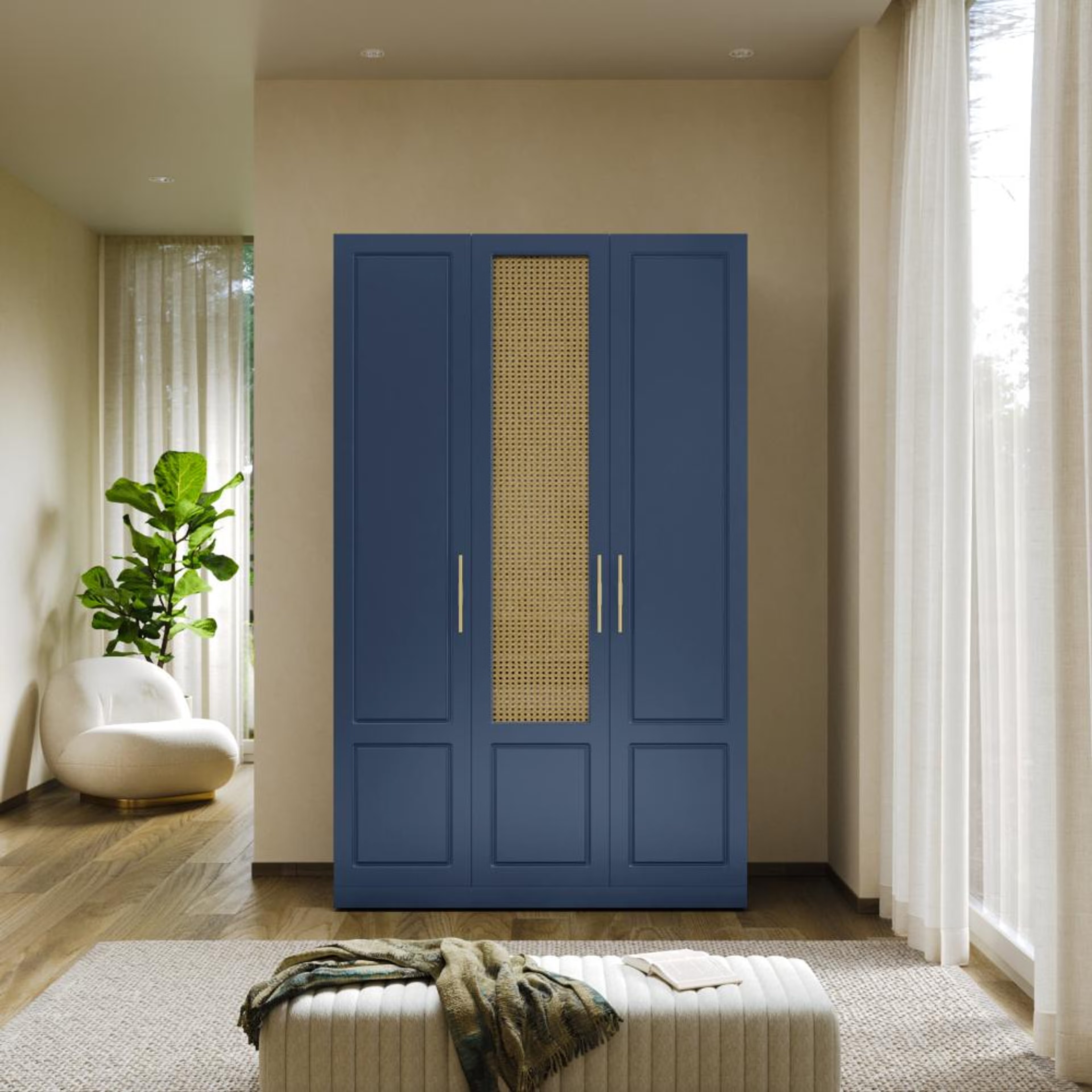 Wakefit Cersei 3 Door with 4 Shelves 2 Drawers 1 Rattan door - Carcass: Wood grain Honey Oak, Shutter: Dark Blue (Foil) and Rattan 3 Door, 4 Shelves, 2 Drawers, 1 Rattan door, Modern Classical, Dark Blue