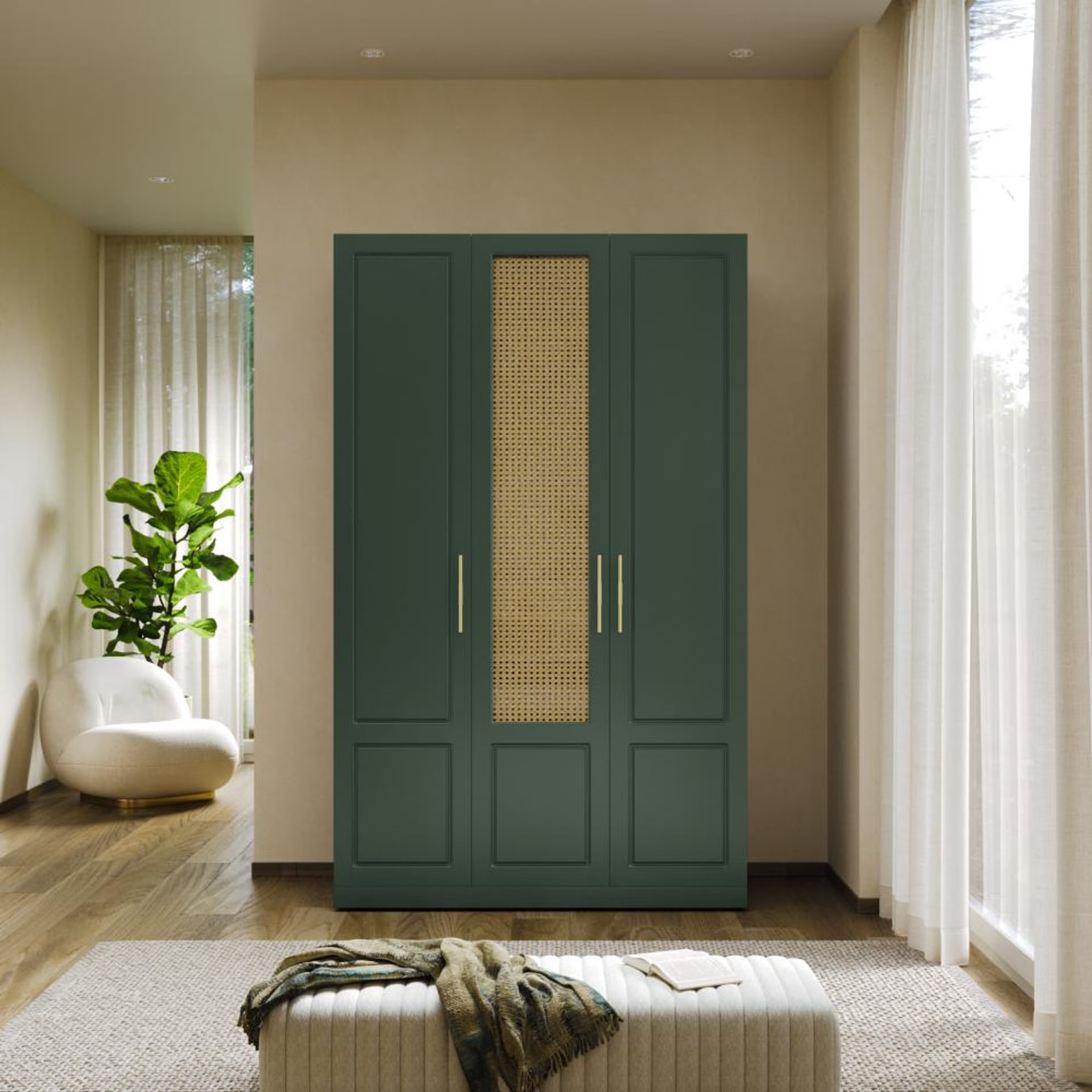 Wakefit Cersei 3 Door with 4 Shelves 2 Drawers 1 Rattan door - Carcass: Wood grain Honey Oak, Shutter: Forest Green (Foil) and Rattan 3 Door, 4 Shelves, 2 Drawers, 1 Rattan door, Modern Classical, Forest Green