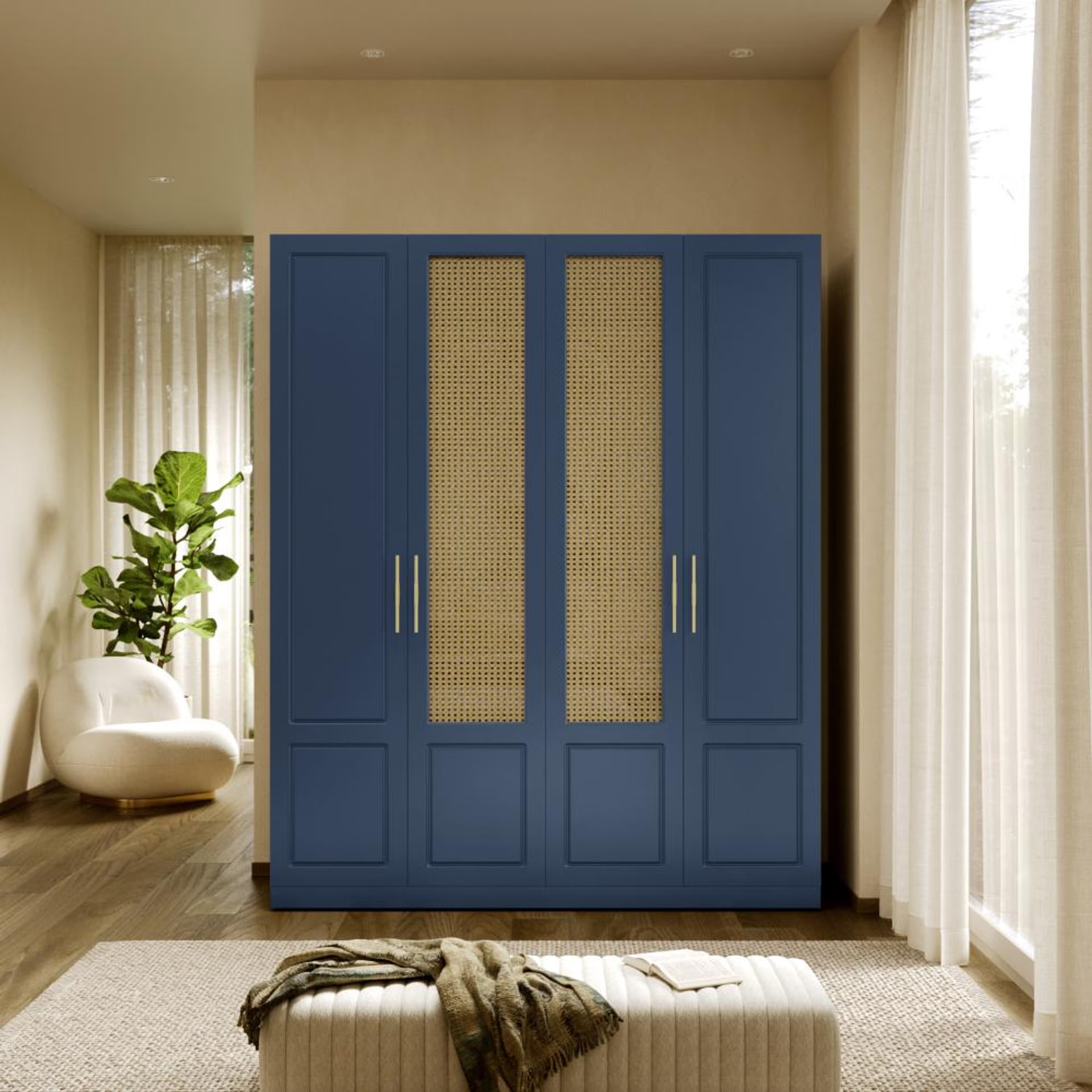 Wakefit Cersei 4 Door with 4 Shelves 2 Drawers 2 Rattan door - Carcass: Wood grain Honey Oak, Shutter: Dark Blue (Foil) and Rattan 4 Door, 4 Shelves, 2 Drawers, 2 Rattan door, Modern Classical, Dark Blue