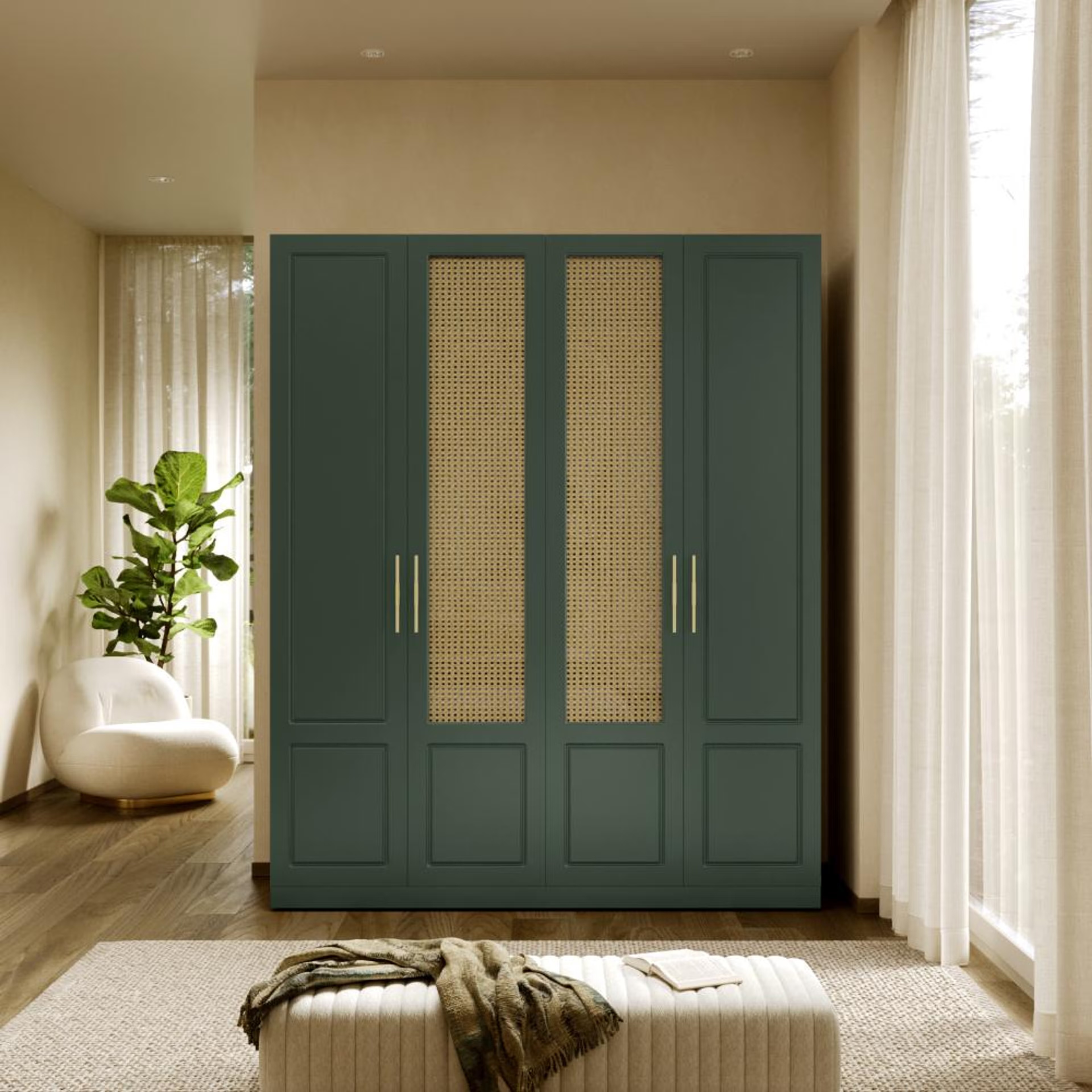 Home 45 Wakefit Cersei 4 Door with 4 Shelves 2 Drawers 2 Rattan door - Carcass: Wood grain Honey Oak, Shutter: Forest Green (Foil) and Rattan 4 Door, 4 Shelves, 2 Drawers, 2 Rattan door, Modern Classical, Forest Green