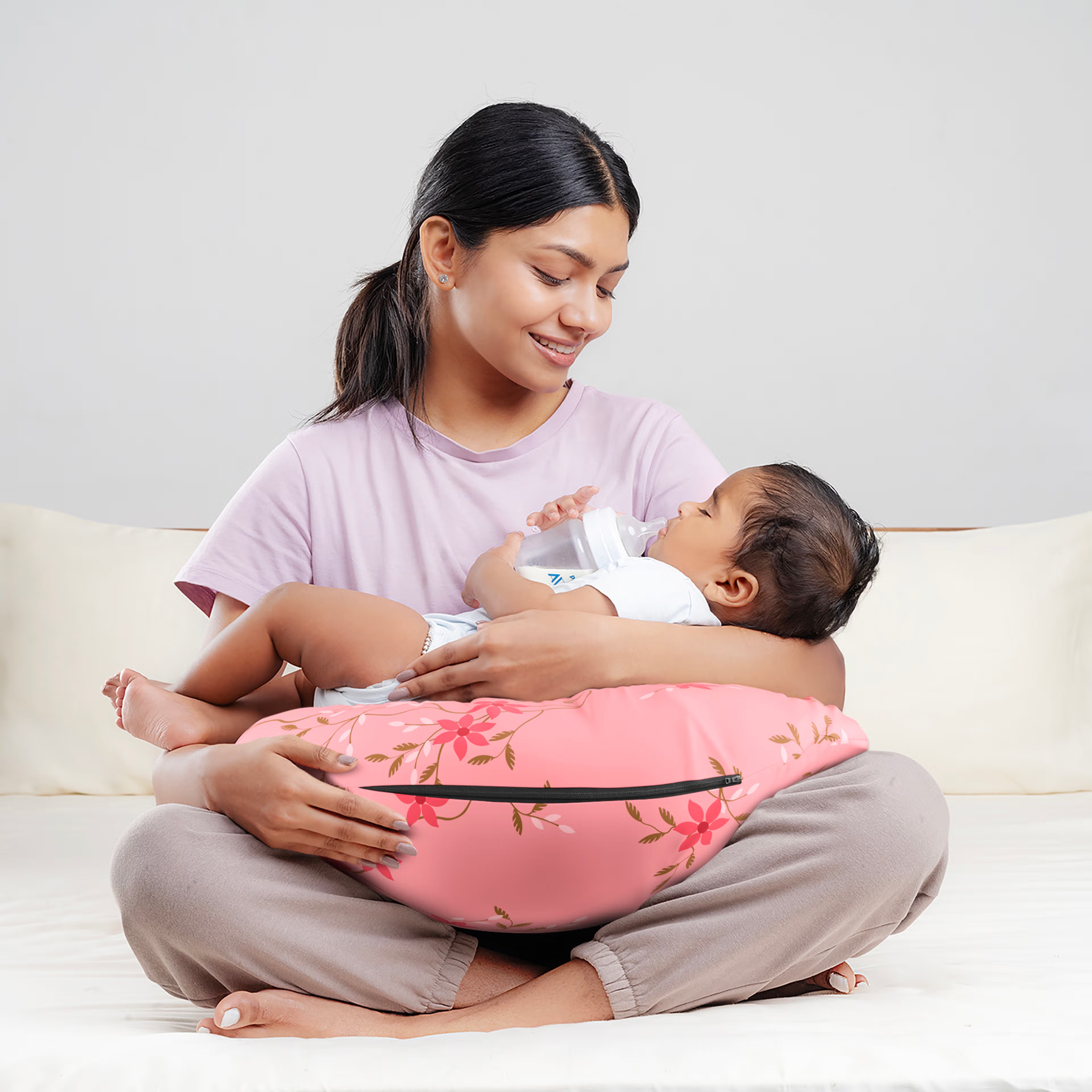 Nursing Pillow For Breastfeeding & Baby Care | 5 in 1 Feeding Pillow with 100% Cotton Removable Cover | Super Soft & Machine Washable&nbsp;|&nbsp;Sakura&nbsp;Pink Regular, Cotton, Sakura Pink