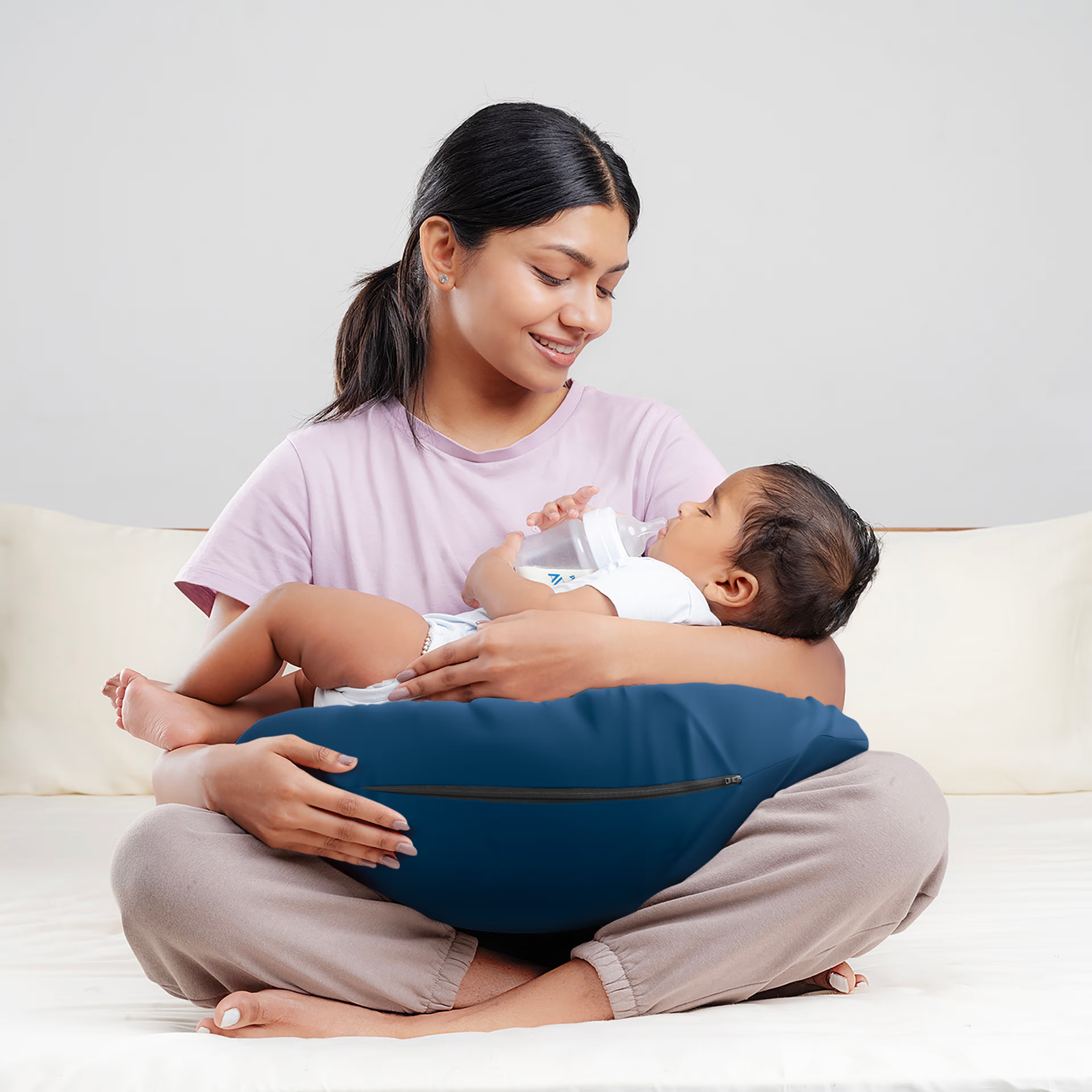 Nursing Pillow For Breastfeeding & Baby Care | 5 in 1 Feeding Pillow with 100% Cotton Removable Cover | Super Soft & Machine Washable | Navy Regular, Cotton, Navy Blue