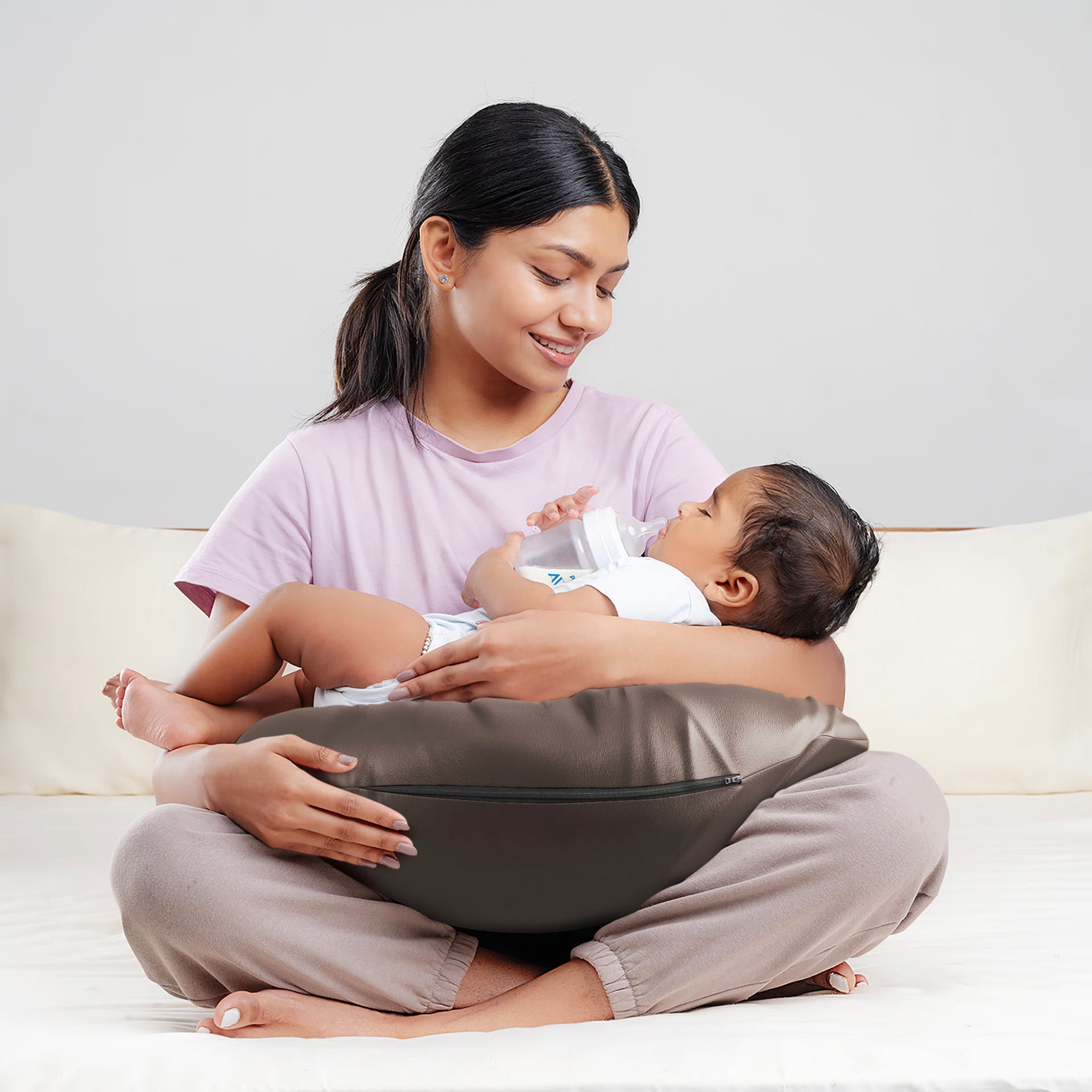 Nursing Pillow For Breastfeeding & Baby Care | 5 in 1 Feeding Pillow with Removable Cover | Super Soft & Machine Washable Velvet Cover | Charcoal Grey Regular, Velvet, grey