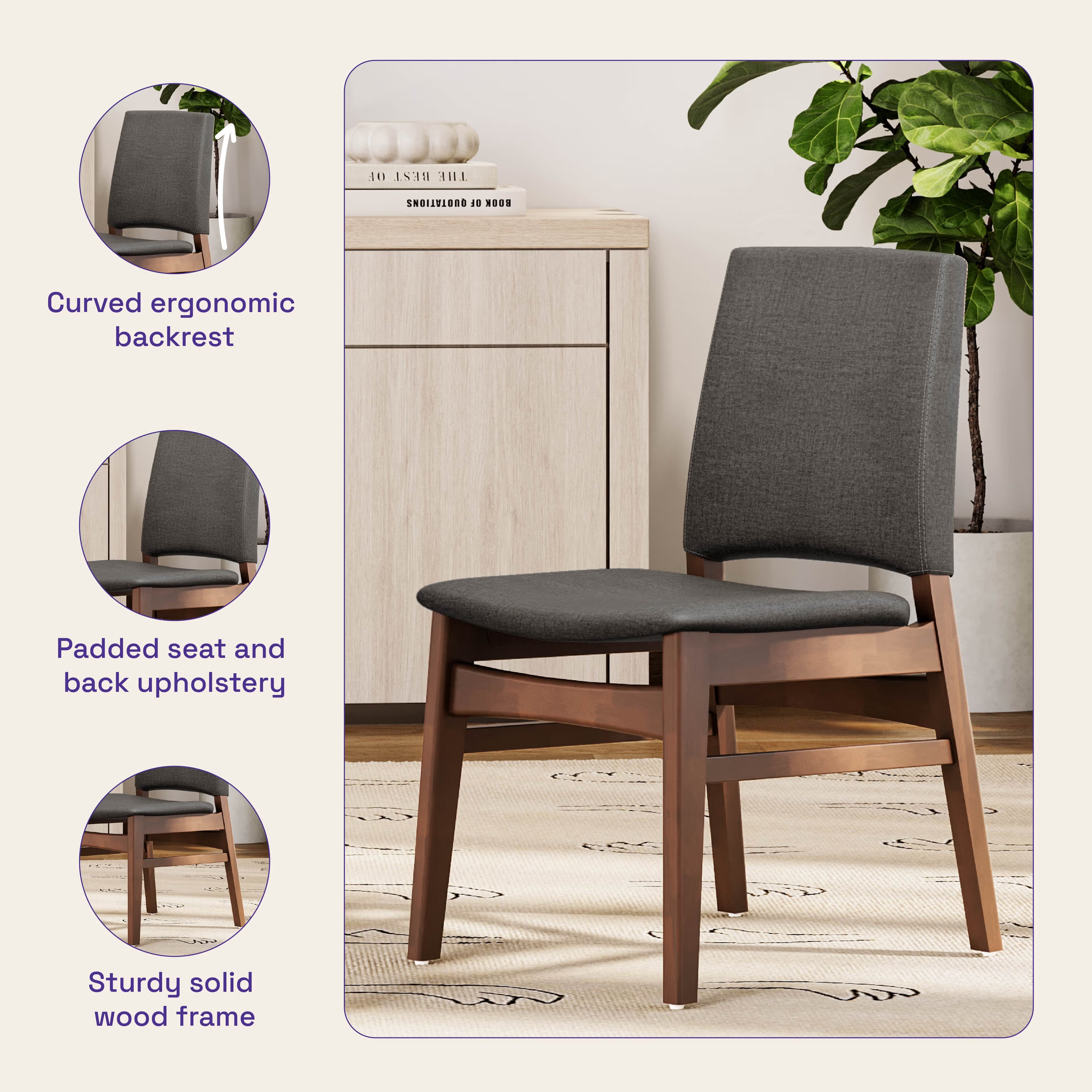 Wakefit Haydie Dining Chair - Charcoal Grey Set of 1 Chair, Charcoal Grey, Irish Walnut