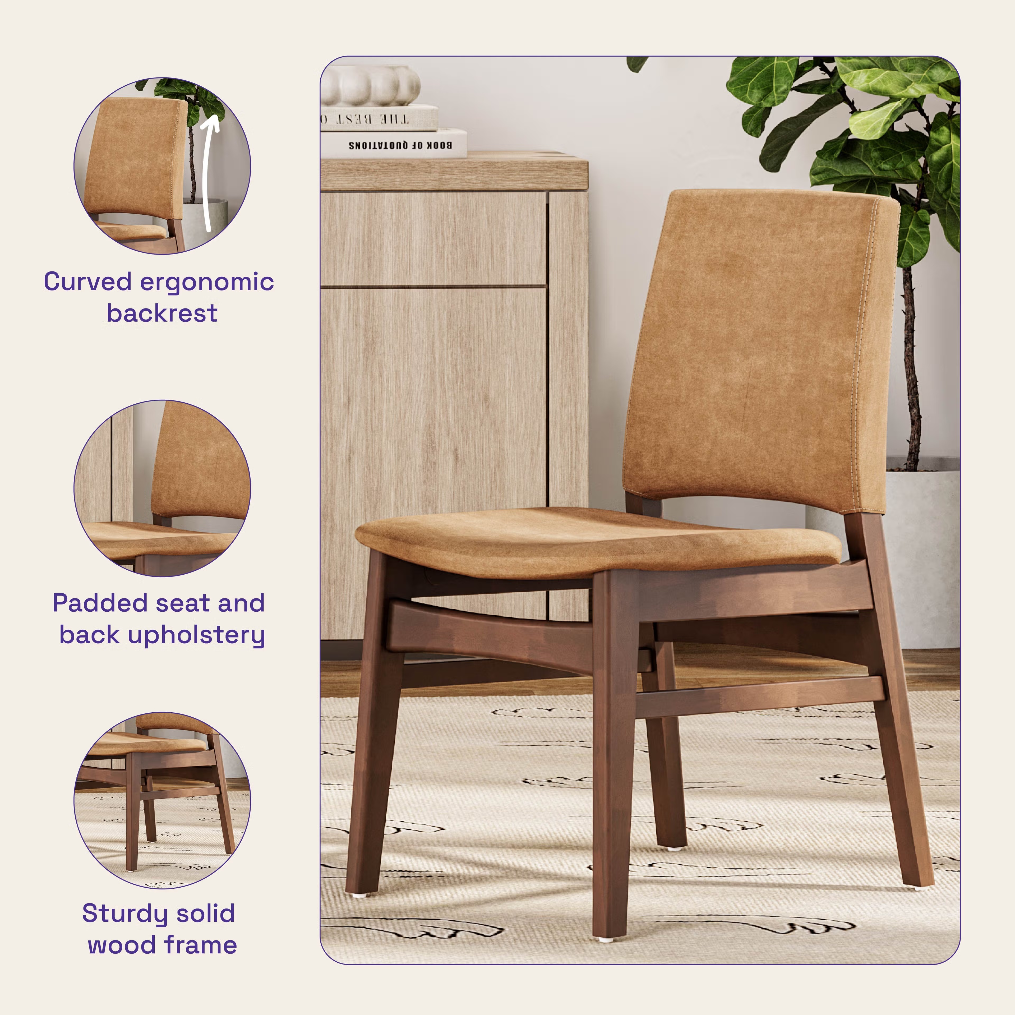 Wakefit Haydie Dining Chair - Napoli Tan Set of 1 Chair, Napoli Tan, Irish Walnut 2 Wakefit Haydie Dining Chair - Napoli Tan Set of 1 Chair, Napoli Tan, Irish Walnut