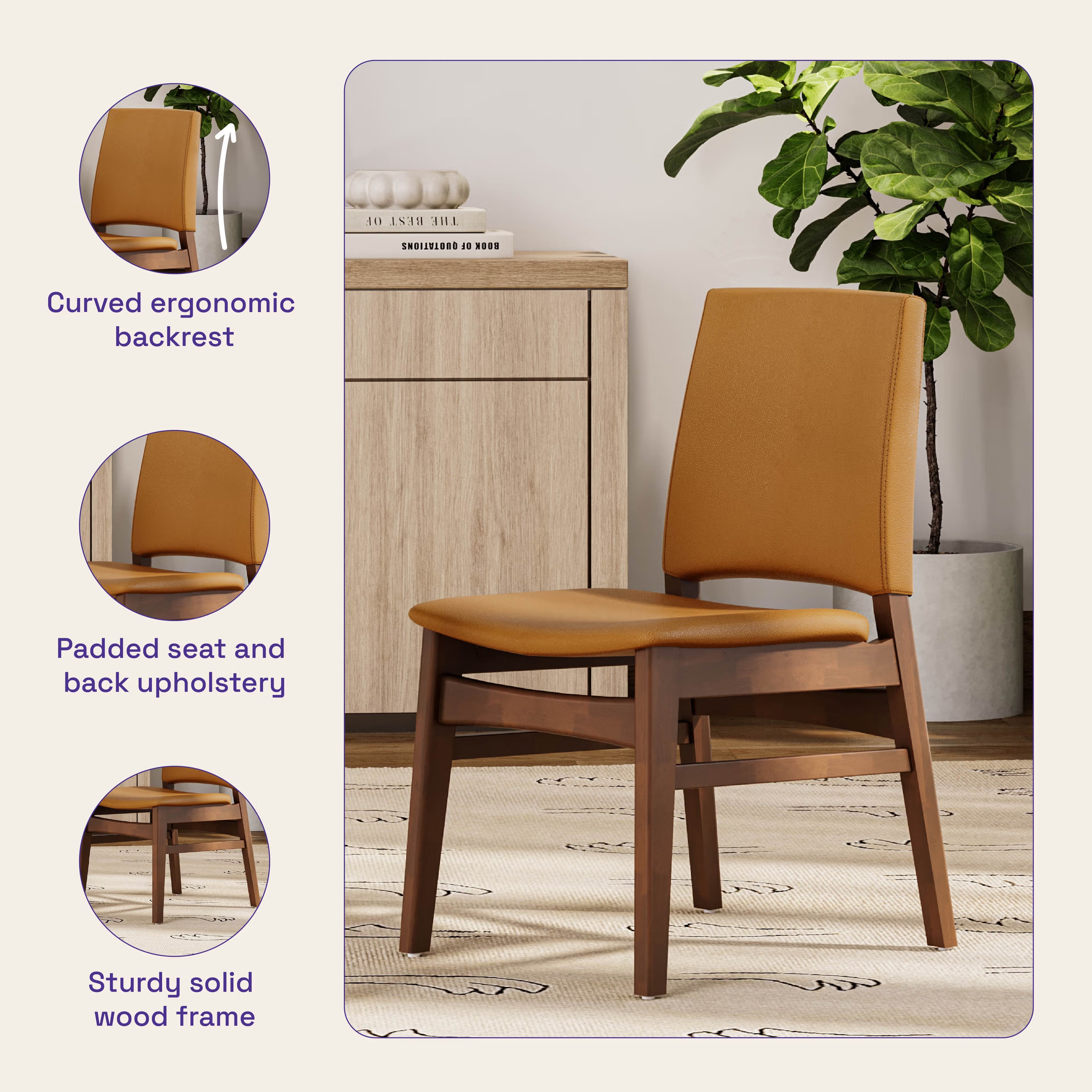 Home 45 Wakefit Haydie Dining Chair - Robin Tan Set of 1 Chair, Robin Tan, Irish Walnut