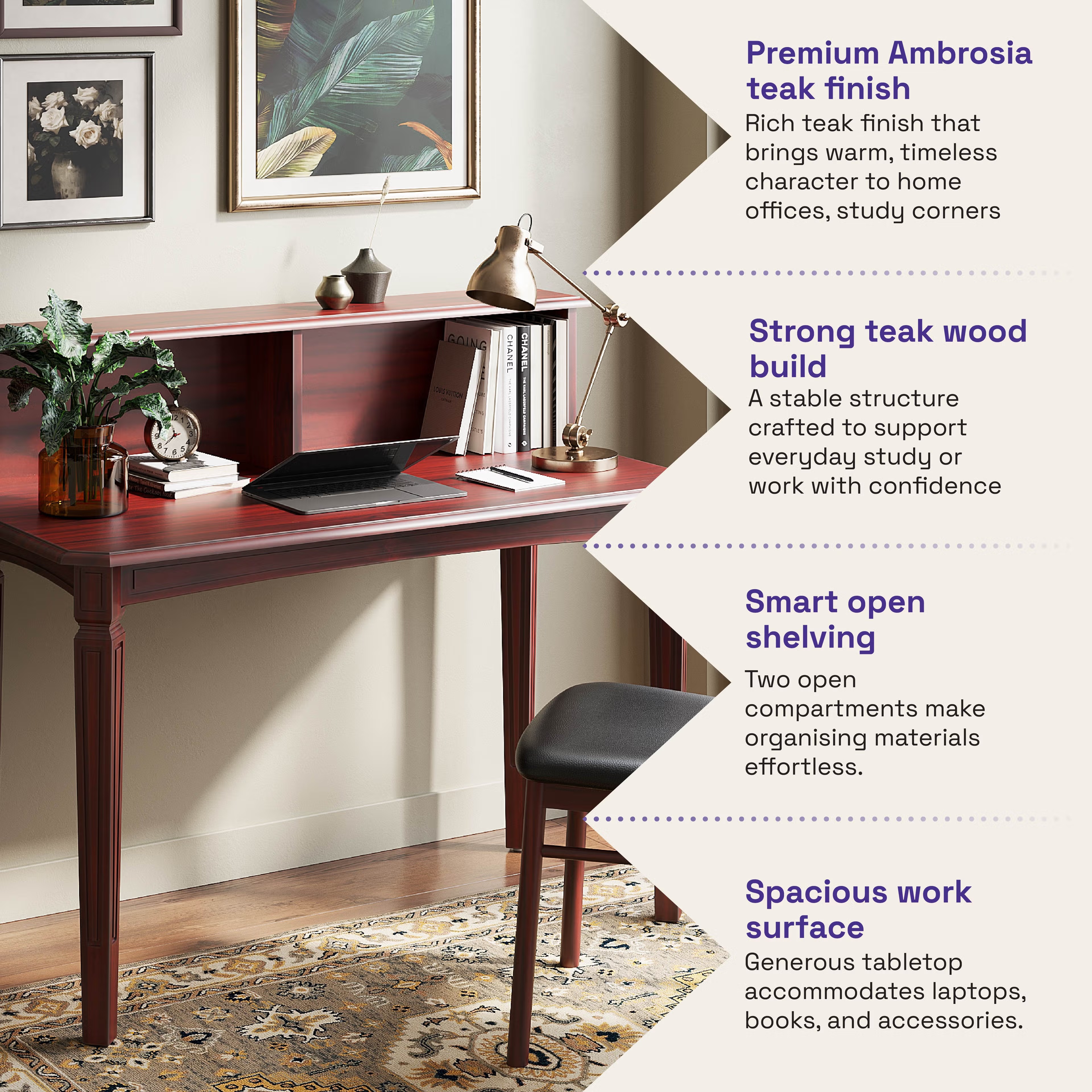 Wakefit Kumen teak wood Study Table with storage With Storage, Ambrosia Teak