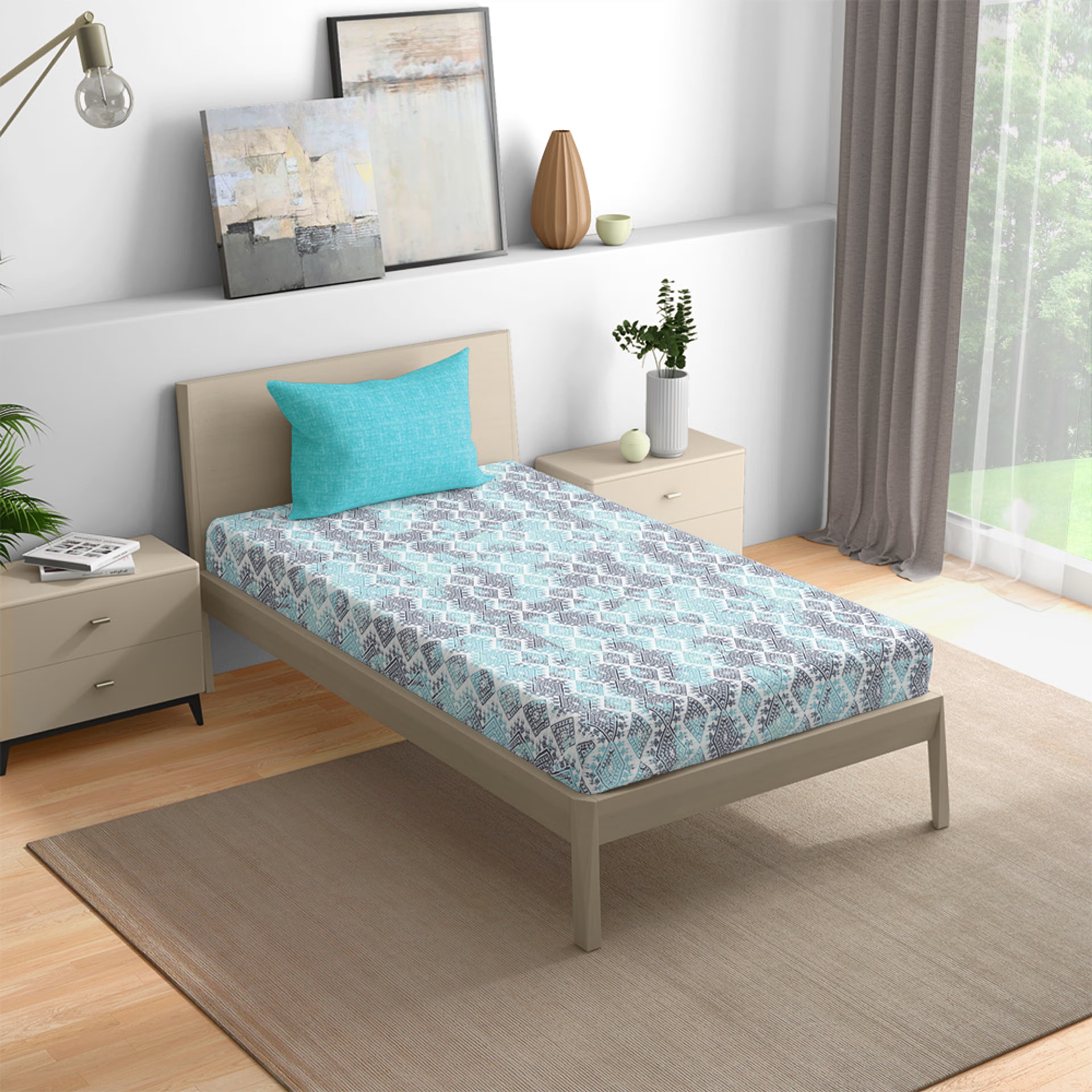 100% Cotton 200 TC Fitted Bedsheet With 1 Pillow Cover | Seher Single - 72" x 30\