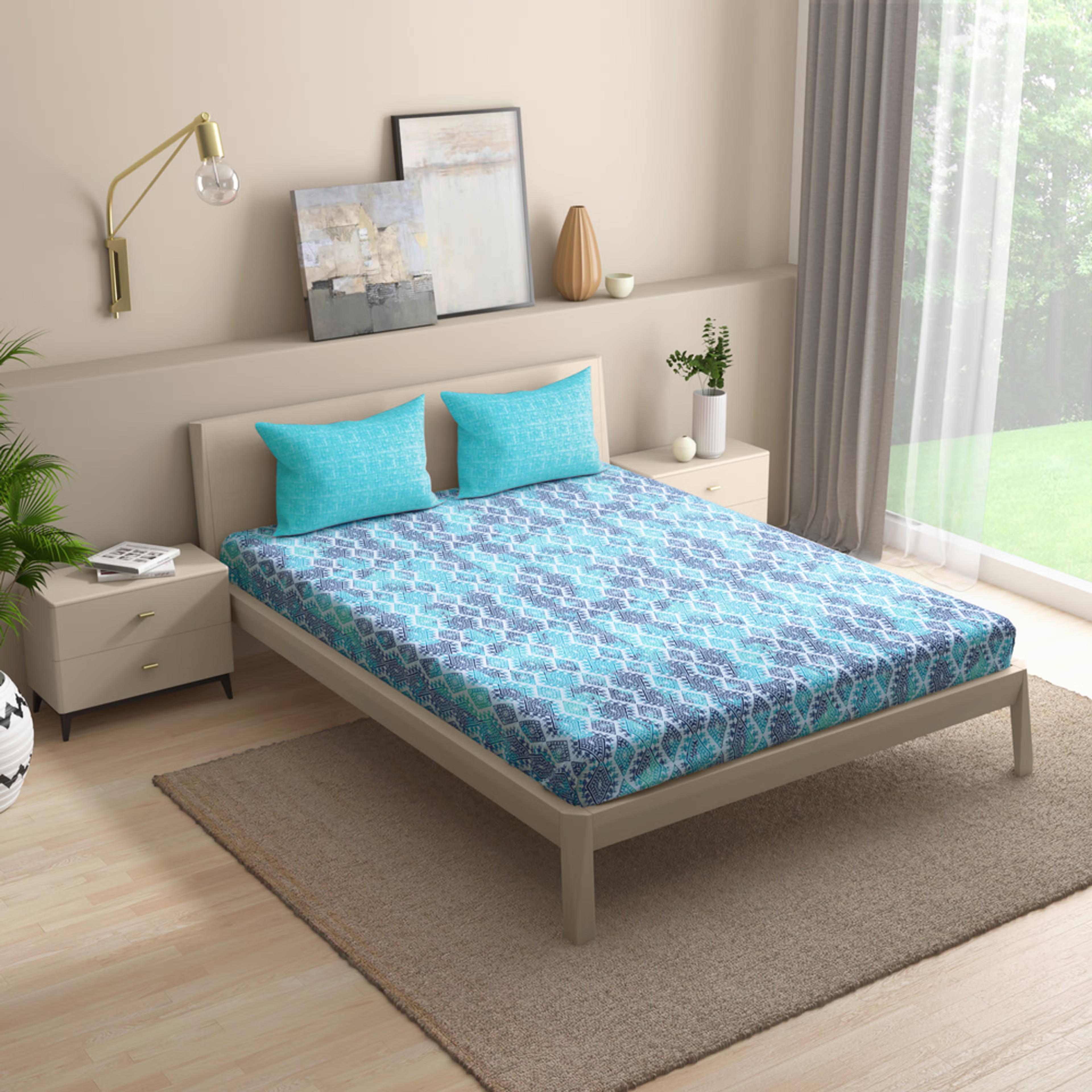 100% Cotton 200 TC Fitted Bedsheet With 2 Pillow Covers | Seher Queen - 72" x 60\