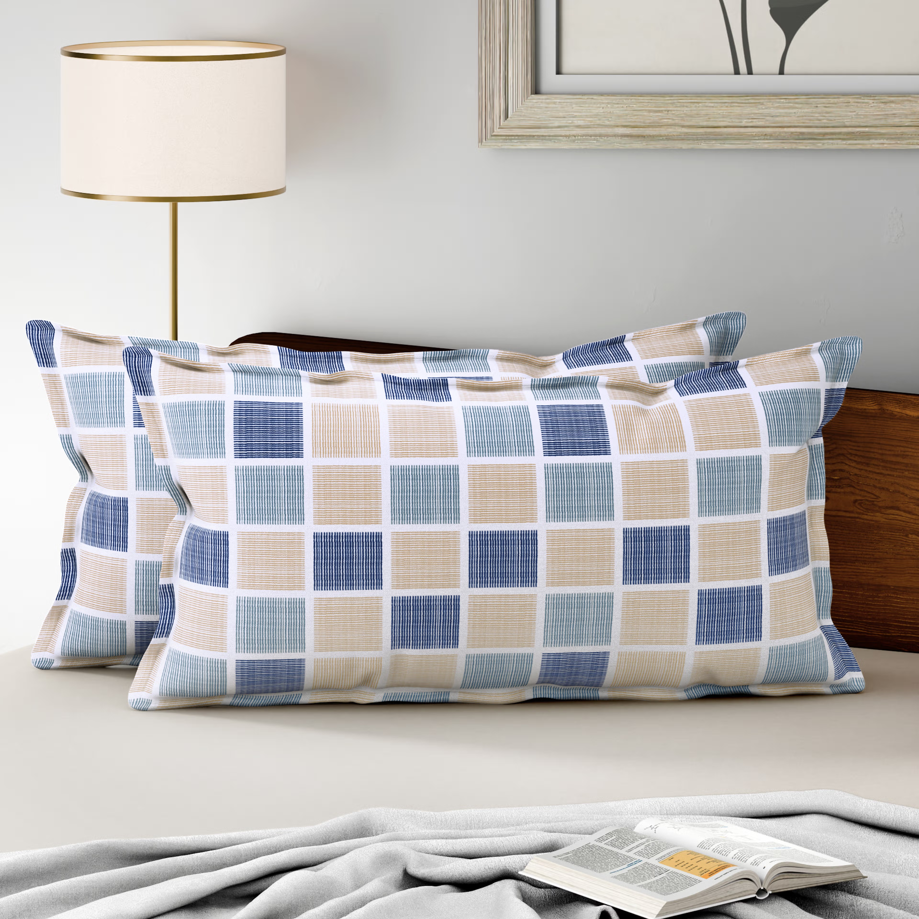 100% Cotton Pillow Cover | King Size 36x19 Inch | Set Of 2 | 160 TC | Chekkers Large, Set of 2, Cotton, Chekkers