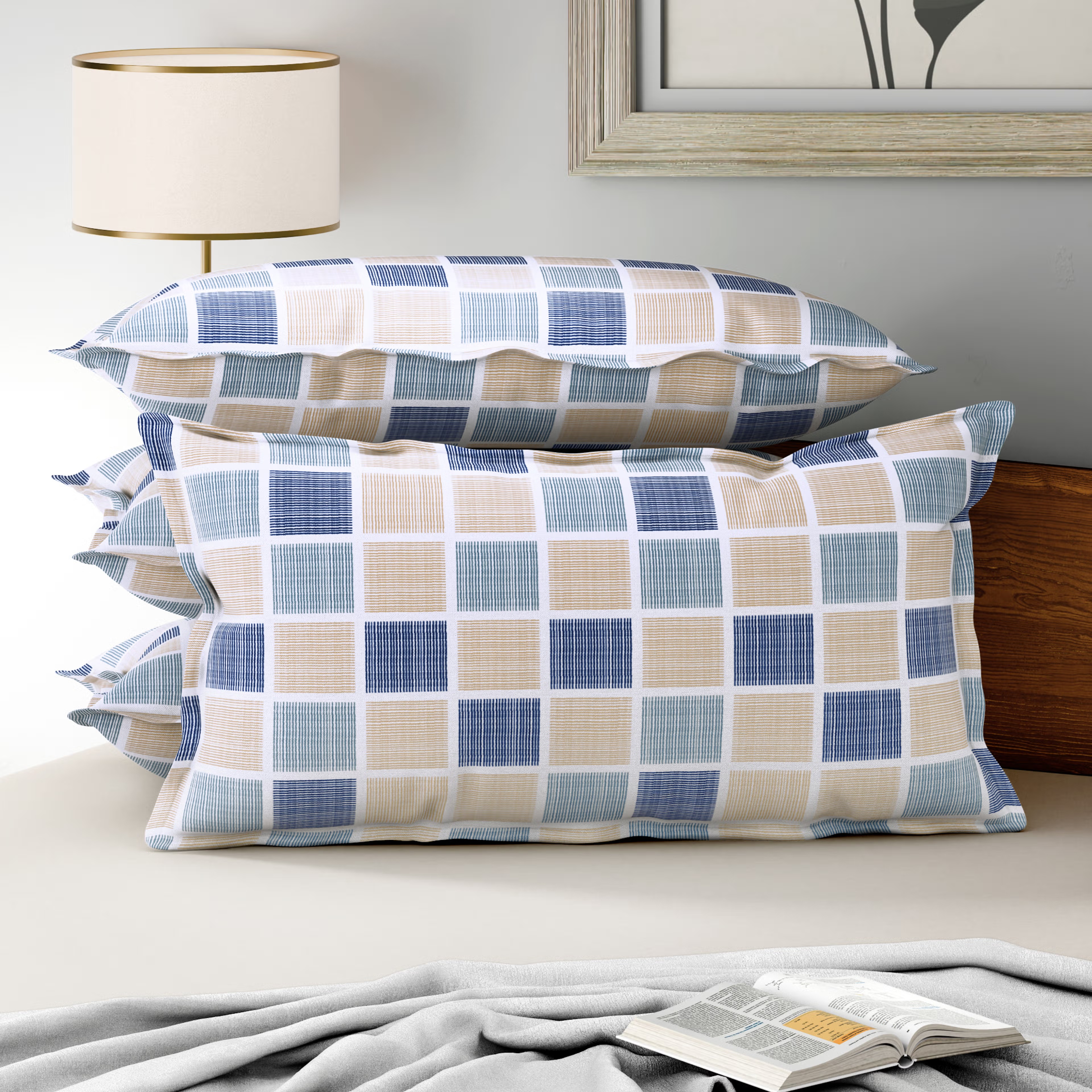 100% Cotton Pillow Cover | King Size 36x19 Inch | Set Of 4 | 160 TC | Chekkers Large, Set of 4, Cotton, Chekkers