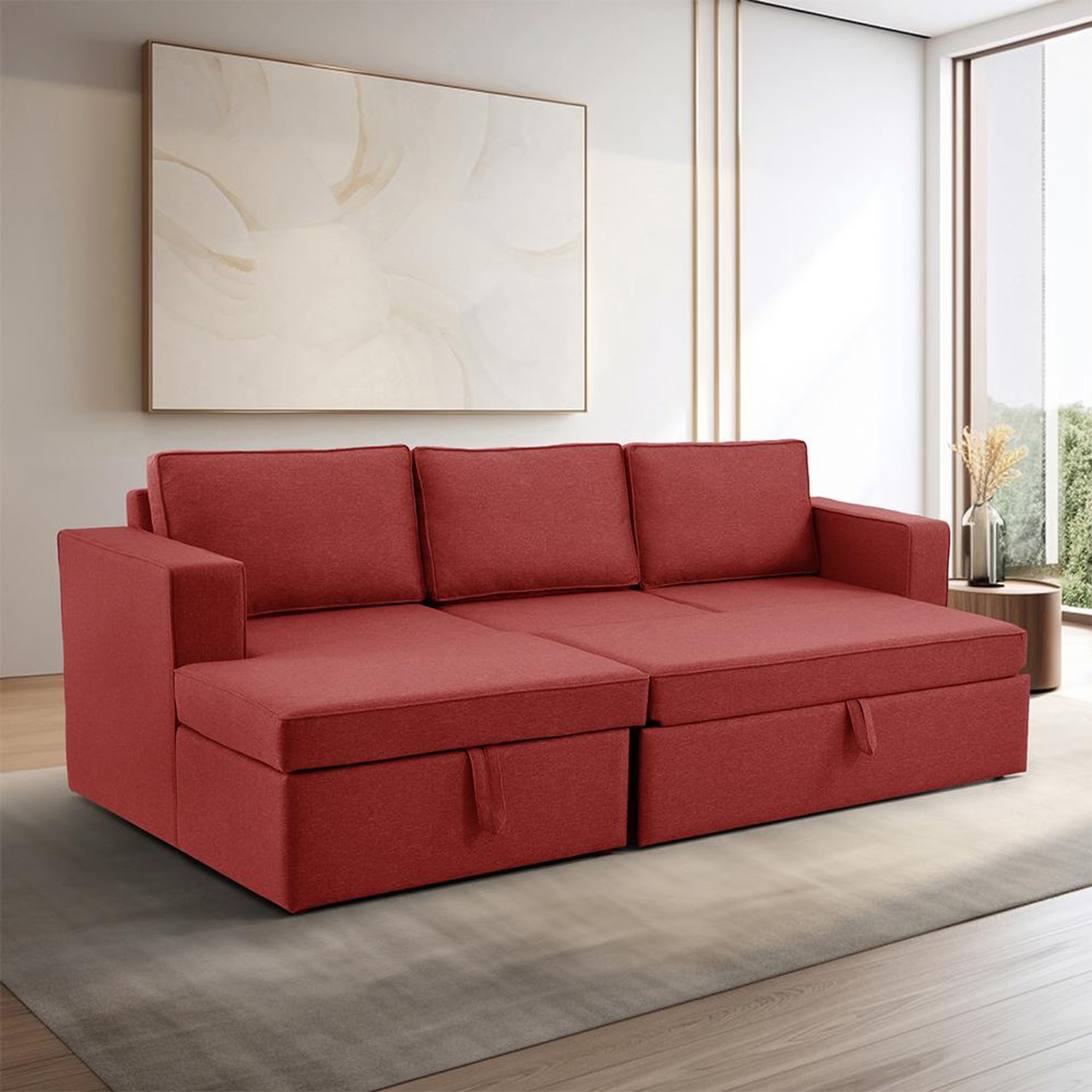 Home 44 Wakefit Napper Convertible L Shape Sofa Cum Bed with Storage (2 Seater + Left Aligned Chaise) Set (2 Seater + Left Aligned Chaise), Omega Red