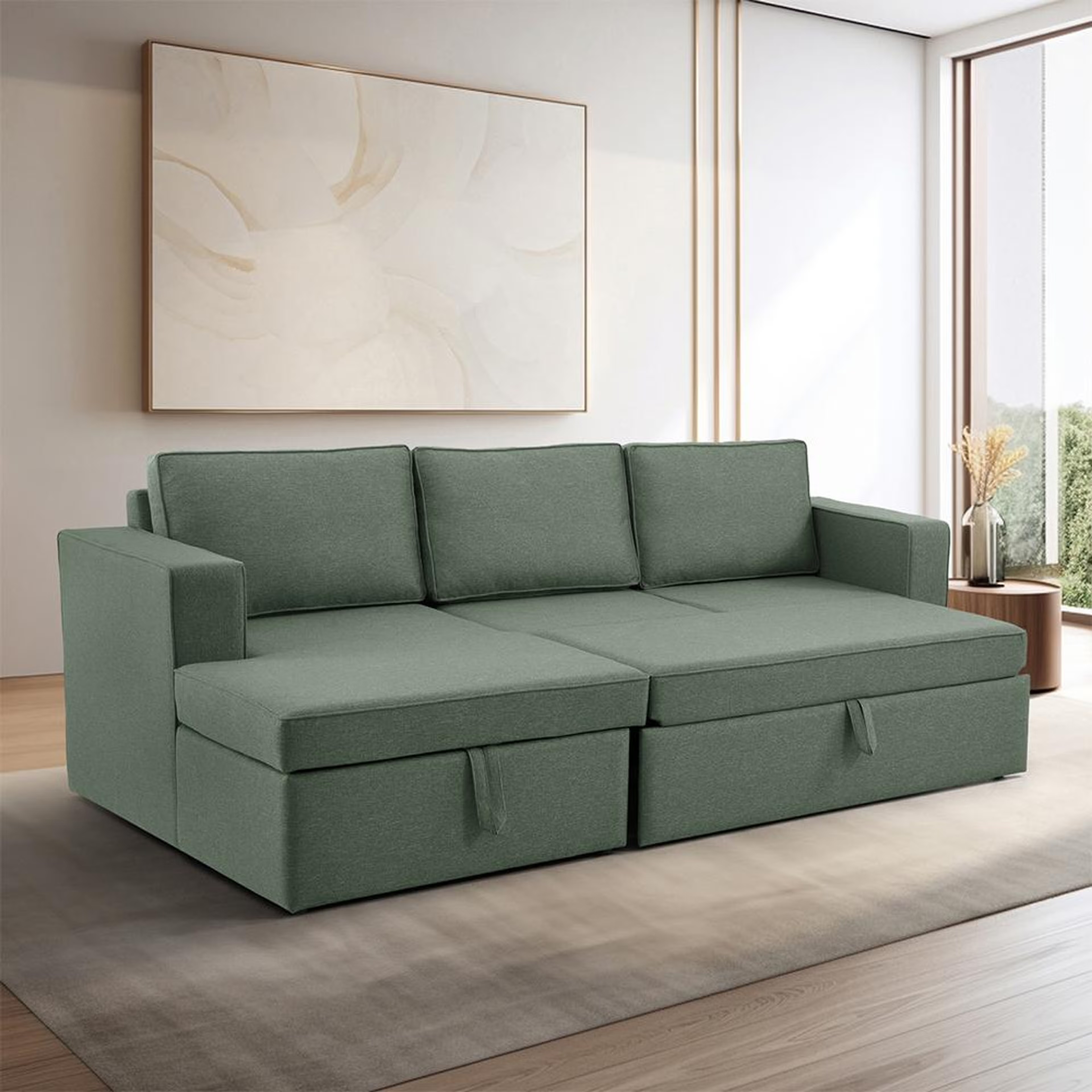 Wakefit Napper Convertible L Shape Sofa Cum Bed with Storage (2 Seater + Left Aligned Chaise) Set (2 Seater + Left Aligned Chaise), Omega Green