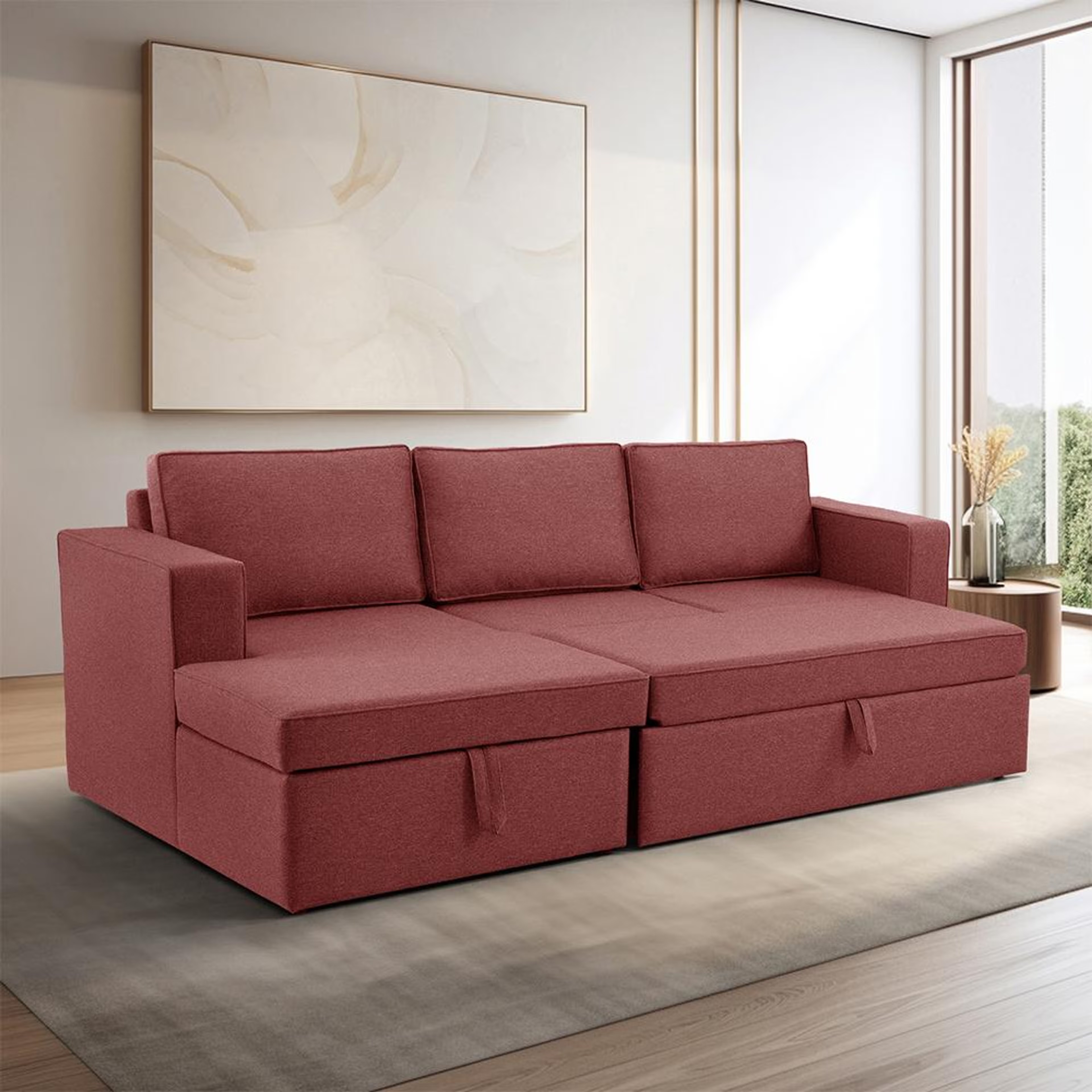Wakefit Napper Convertible L Shape Sofa Cum Bed with Storage (2 Seater + Left Aligned Chaise) Set (2 Seater + Left Aligned Chaise), Omega Rose