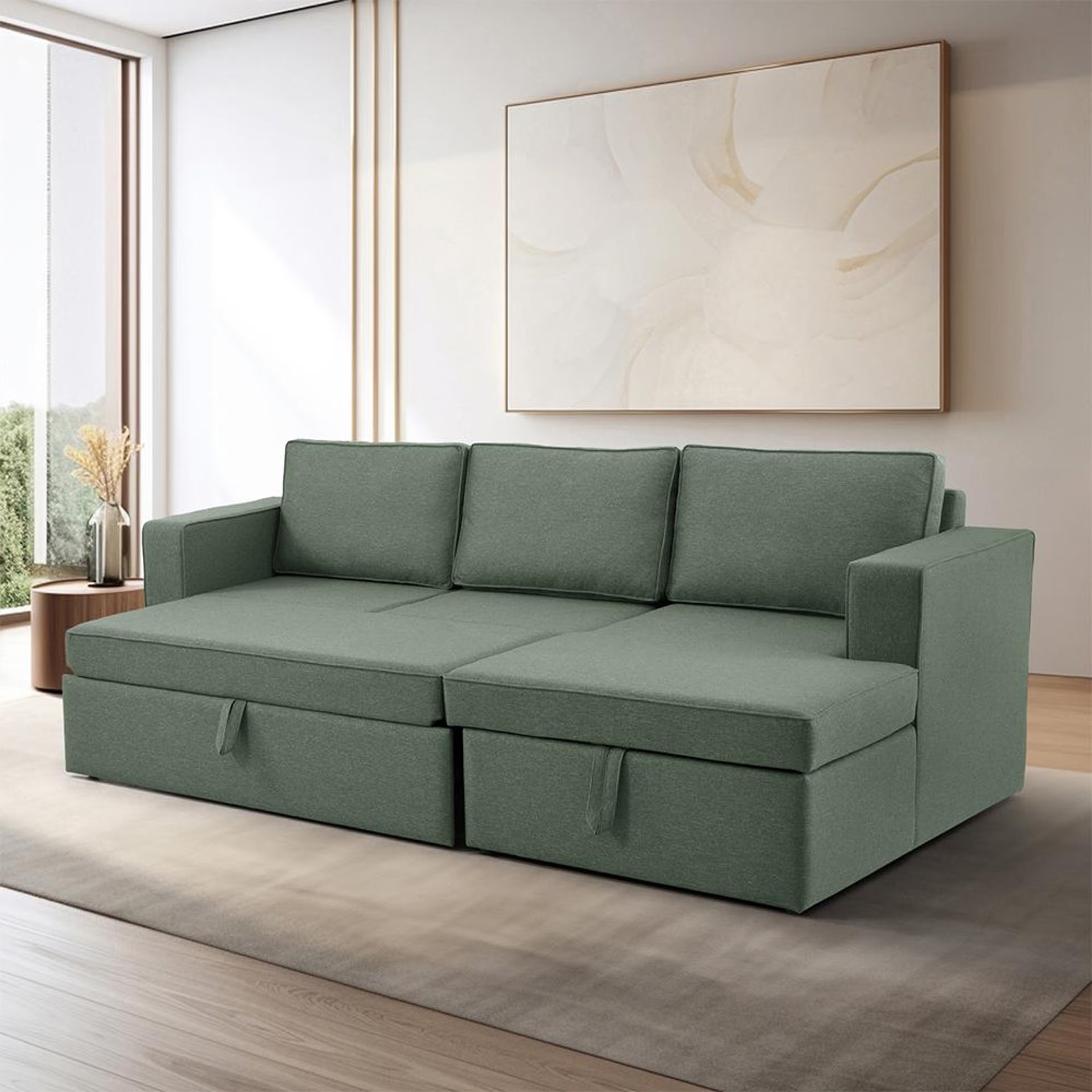 Wakefit Napper Convertible L Shape Sofa Cum Bed with Storage (2 Seater + Right Aligned Chaise) Set (2 Seater + Right Aligned Chaise), Omega Green