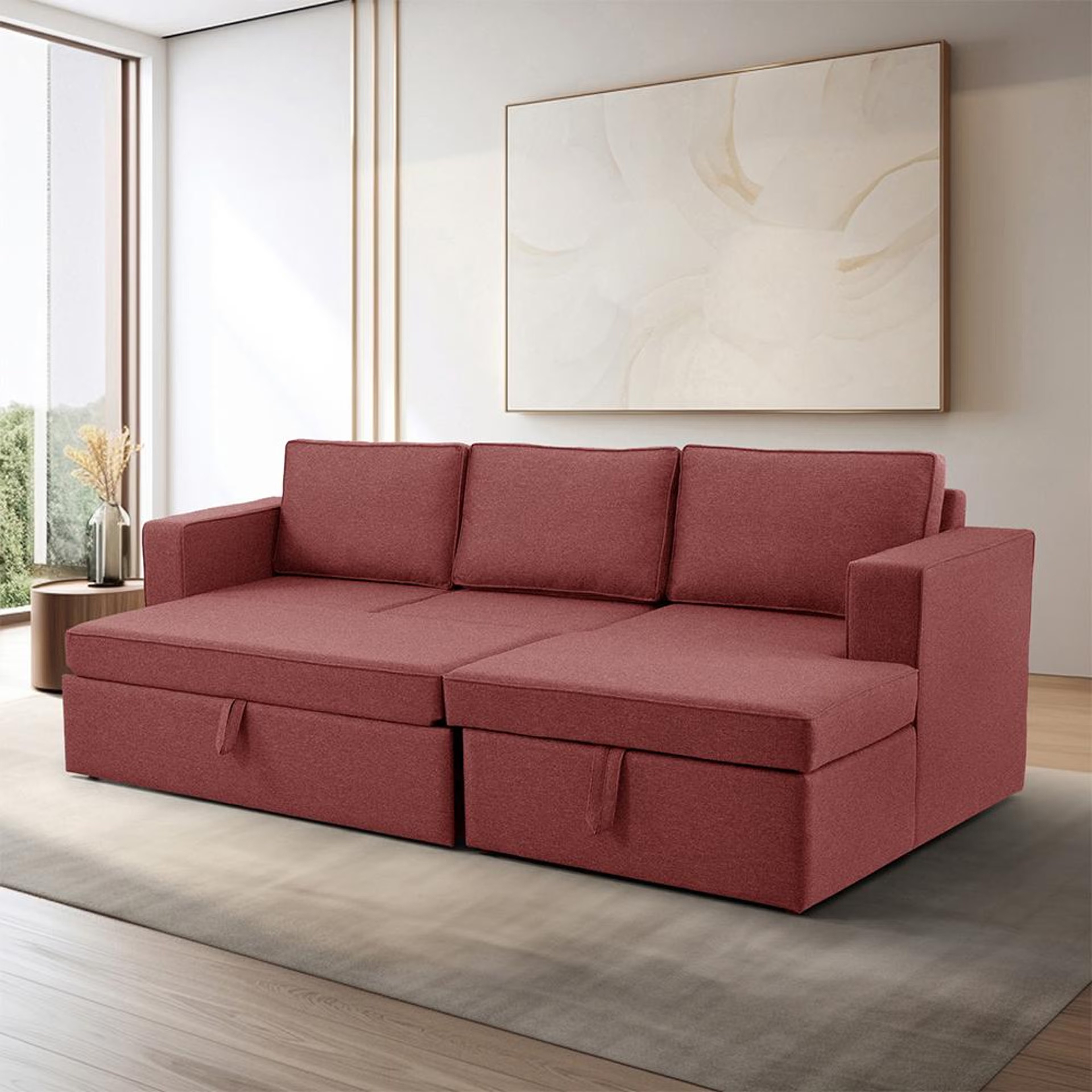 Wakefit Napper Convertible L Shape Sofa Cum Bed with Storage (2 Seater + Right Aligned Chaise) Set (2 Seater + Right Aligned Chaise), Omega Rose