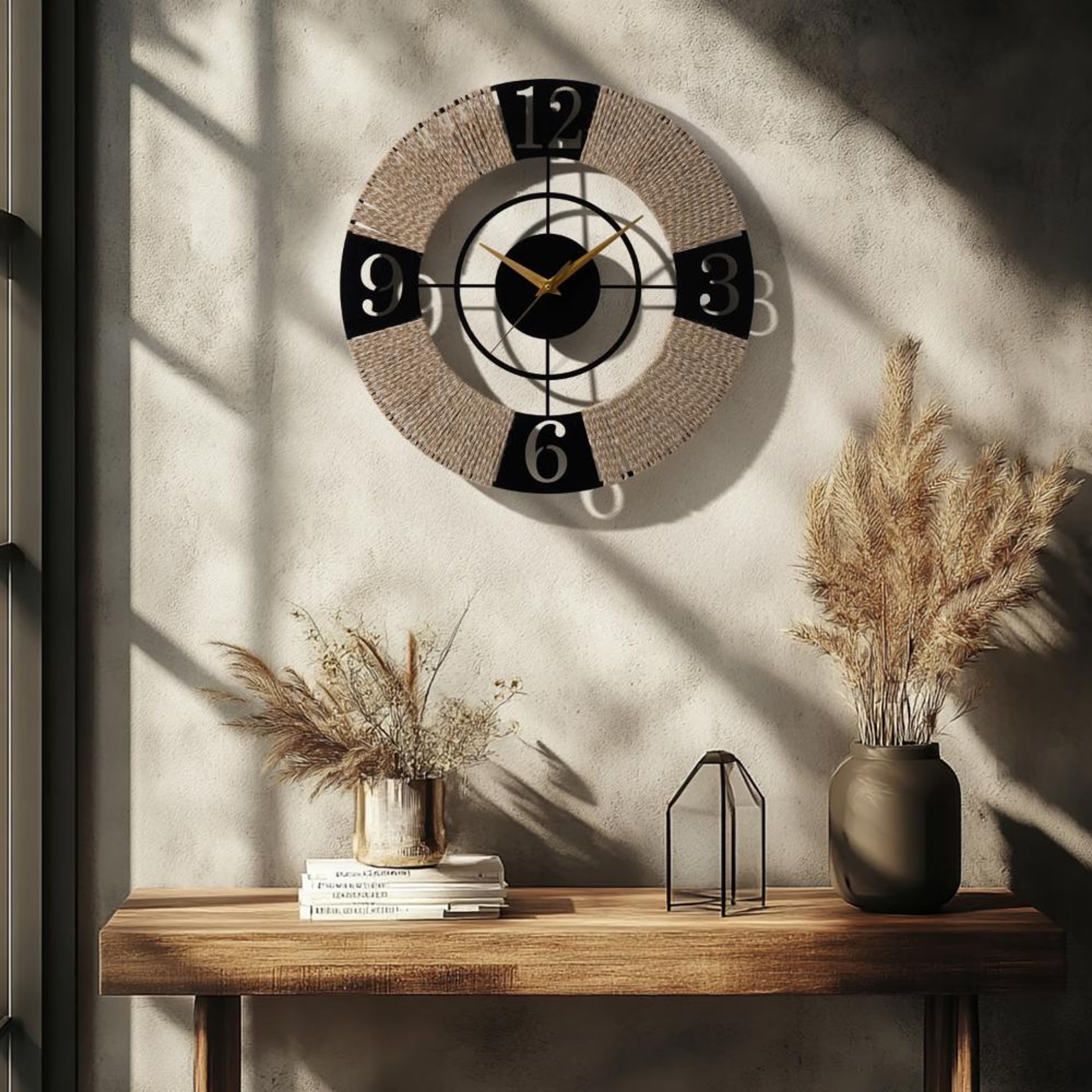 Metal Analog Jute Wall Clock Medium | 16 Inch | Laser Cut Abstract Home Decor & Gifting Option | For Living Room Study Bedroom & Office Decor | Aeon Metal Wall Clock D400 400 MM, Black