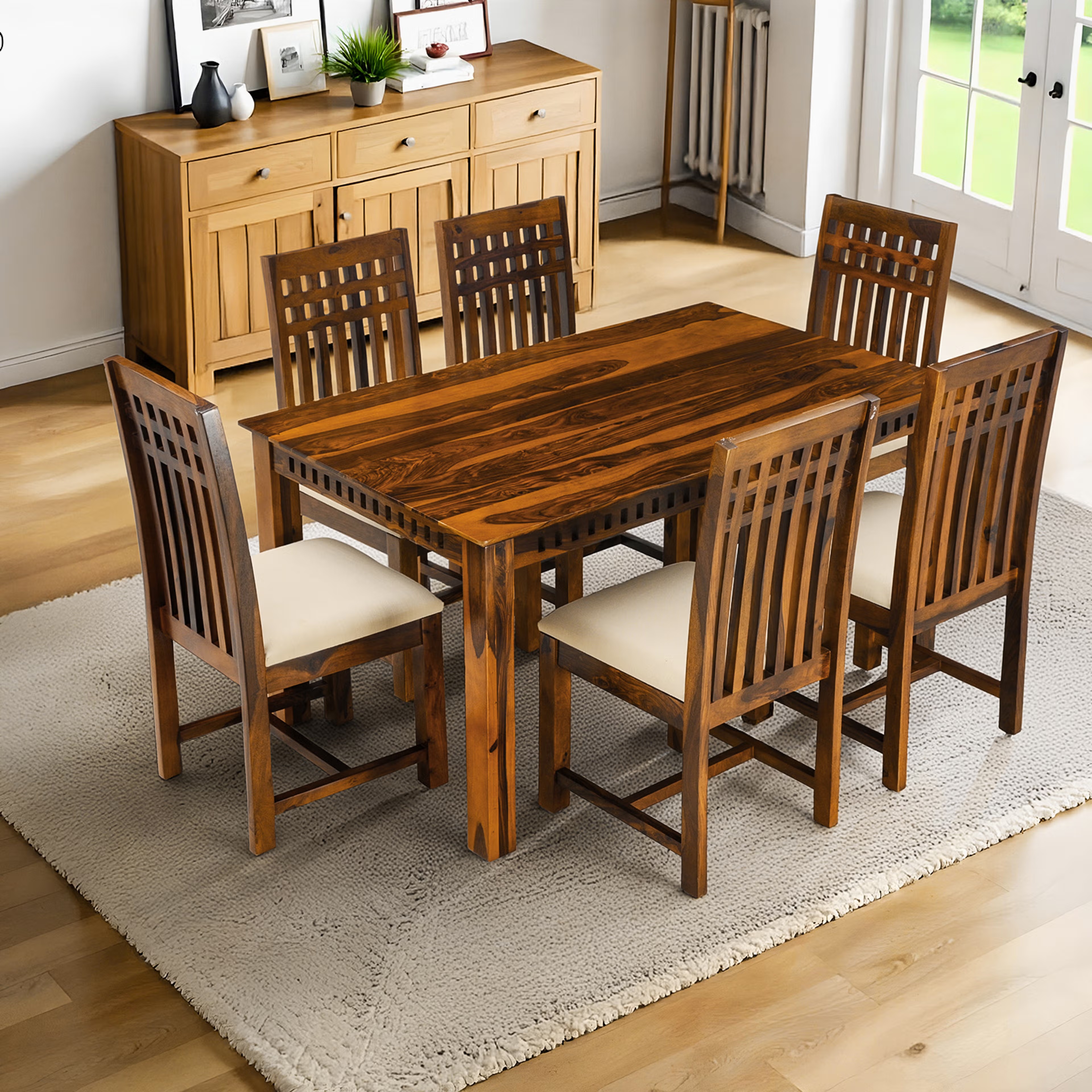 Wakefit Nuvetta Sheesham Wood 6 Seater Dining Set 6 Seater Table with Chair, Natural Sheesham