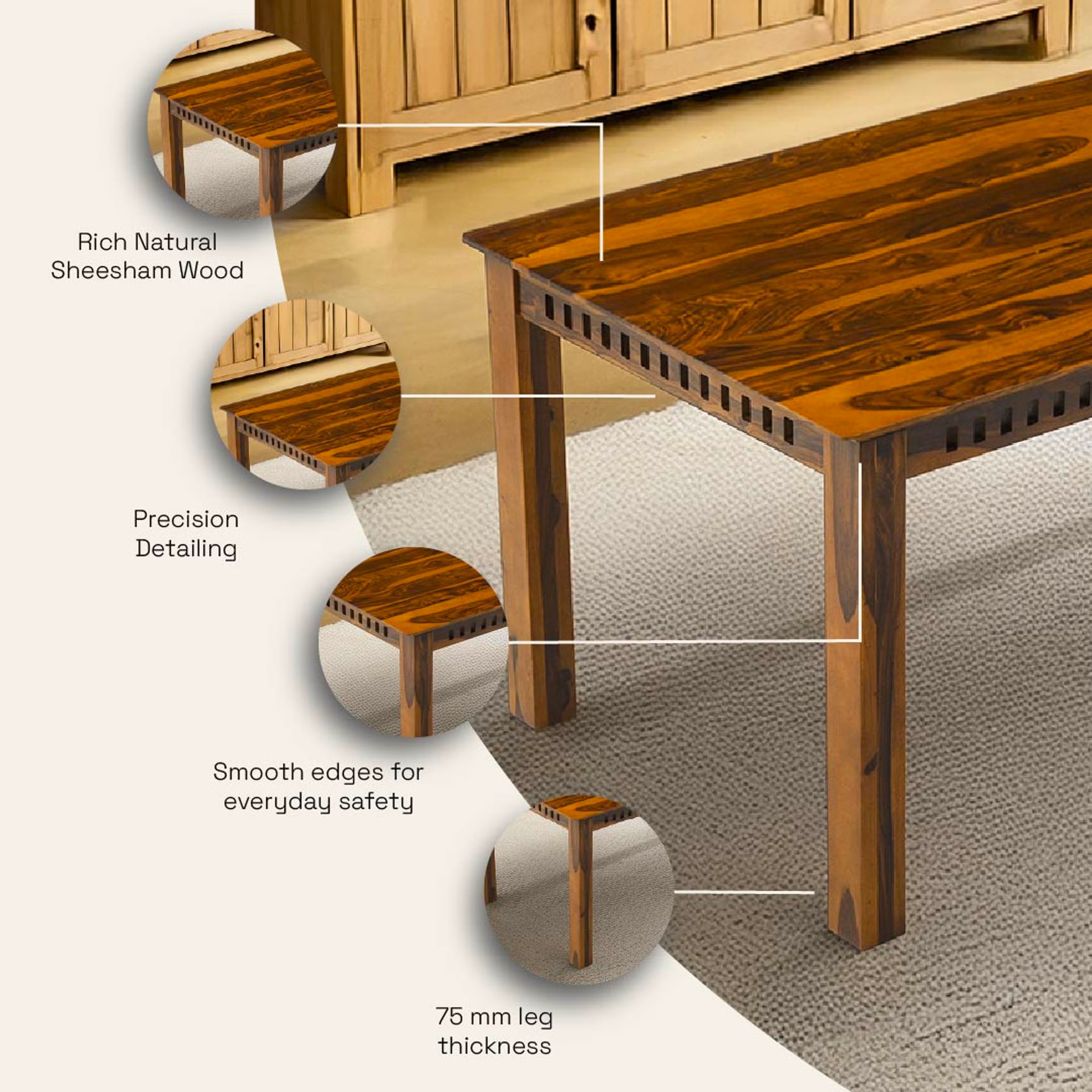 Wakefit Nuvetta Sheesham Wood 6 Seater Dining Set 6 Seater Table with Chair, Natural Sheesham 4 Wakefit Nuvetta Sheesham Wood 6 Seater Dining Set 6 Seater Table with Chair, Natural Sheesham