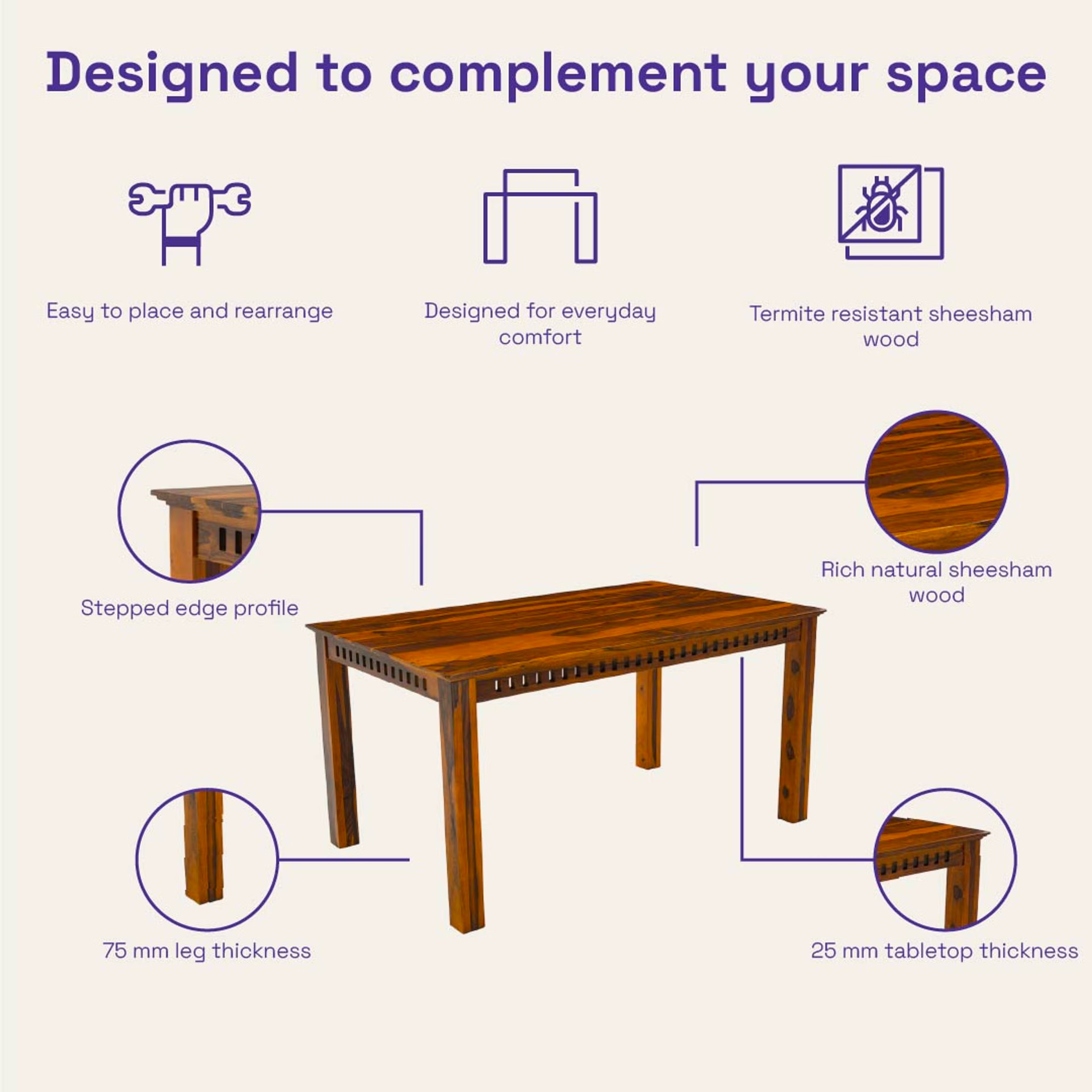 Wakefit Nuvetta Sheesham Wood 6 Seater Dining Set 6 Seater Table with Chair, Natural Sheesham 6 Wakefit Nuvetta Sheesham Wood 6 Seater Dining Set 6 Seater Table with Chair, Natural Sheesham