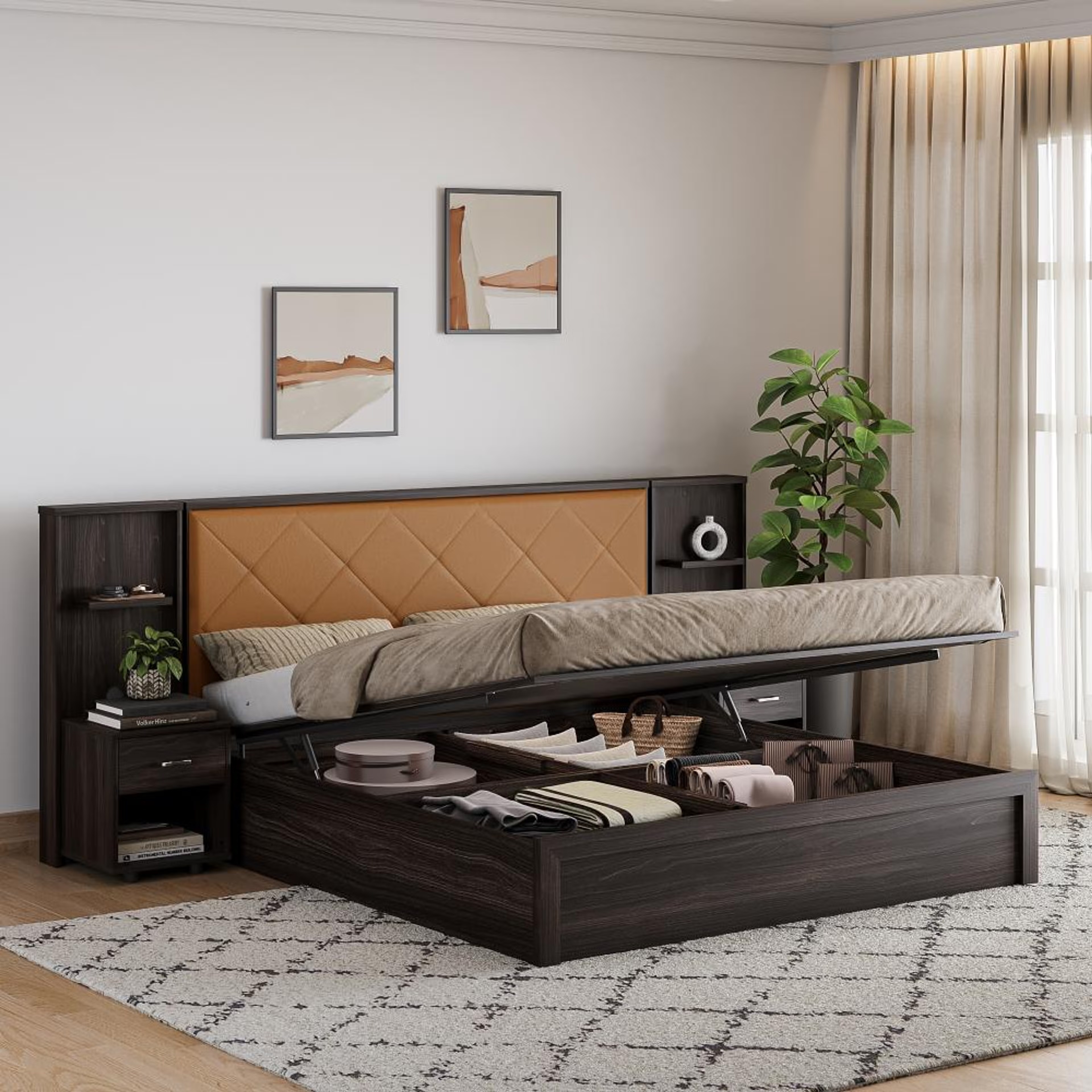 Wakefit Noctis King Storage Engineered Wood Bed With Camel Fabric Upholstered Headboard-with Hydraulic mechanism King - 78" x 72\