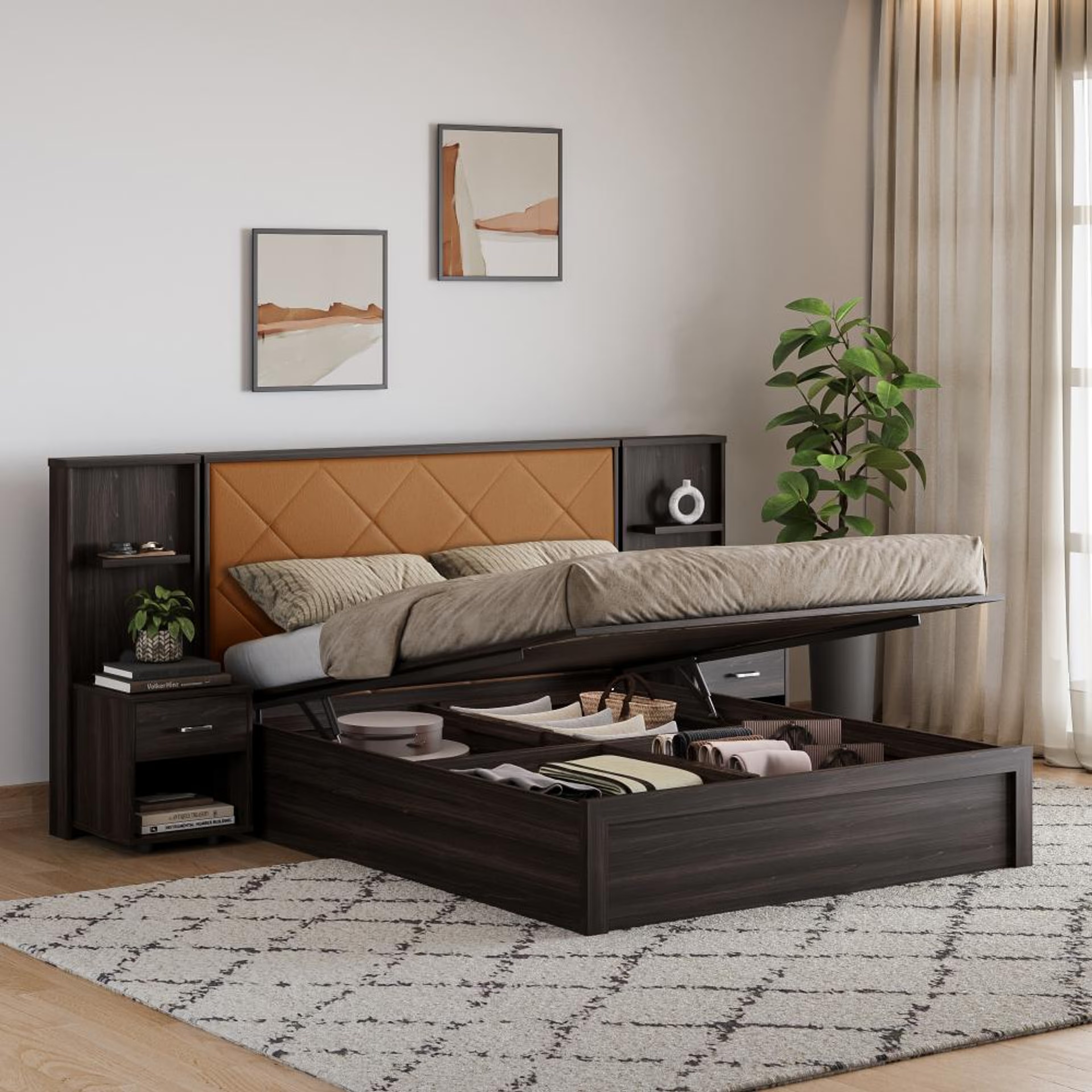 Wakefit Noctis Queen Storage Engineered Wood Bed With Camel Fabric Upholstered Headboard-with Hydraulic mechanism Queen - 78" x 60\